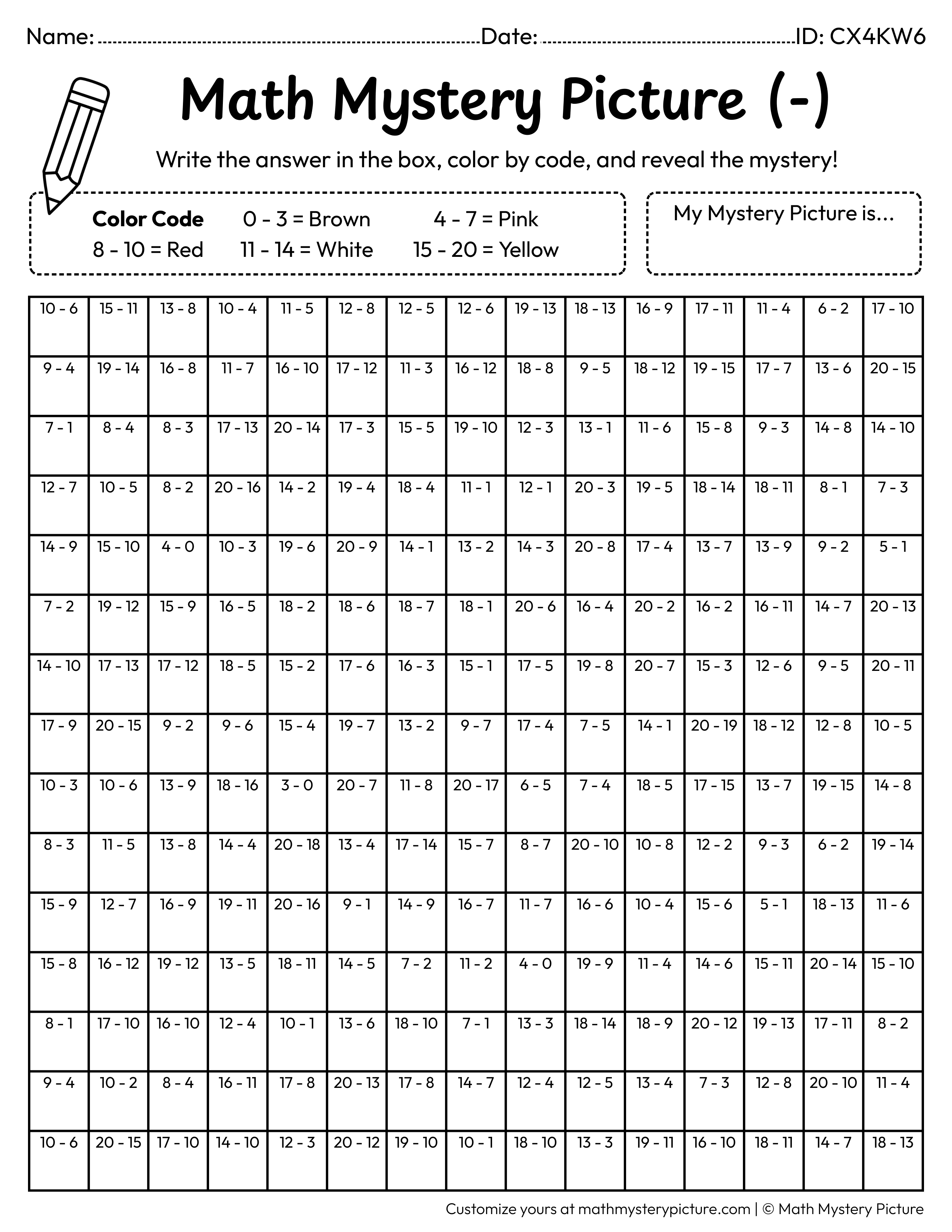 Valentine's Day Cupcake Subtraction Within 20 Math Mystery Picture Coloring Worksheet