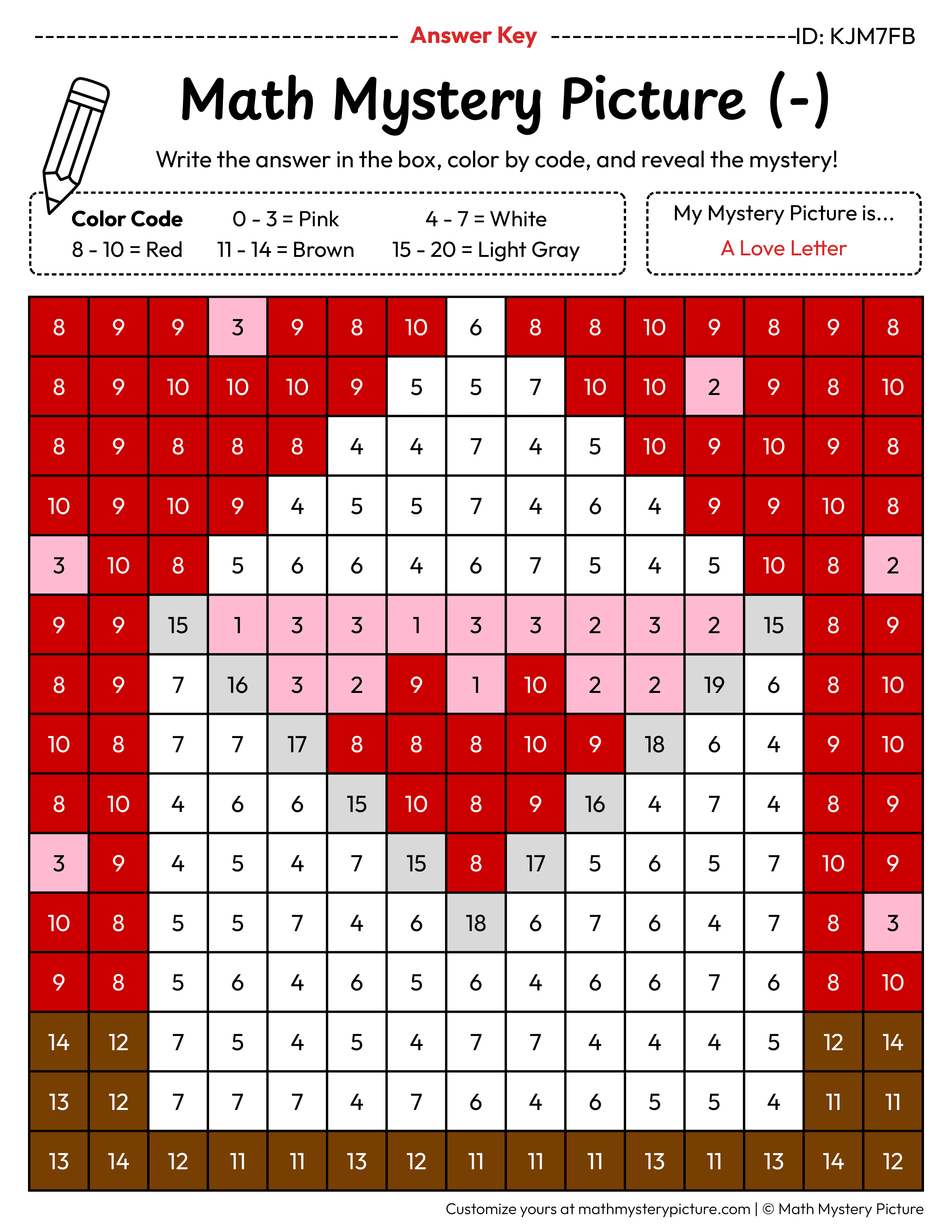 Valentine's Day Love Letter Subtraction Within 20 Math Mystery Picture Color by Number Answer Key