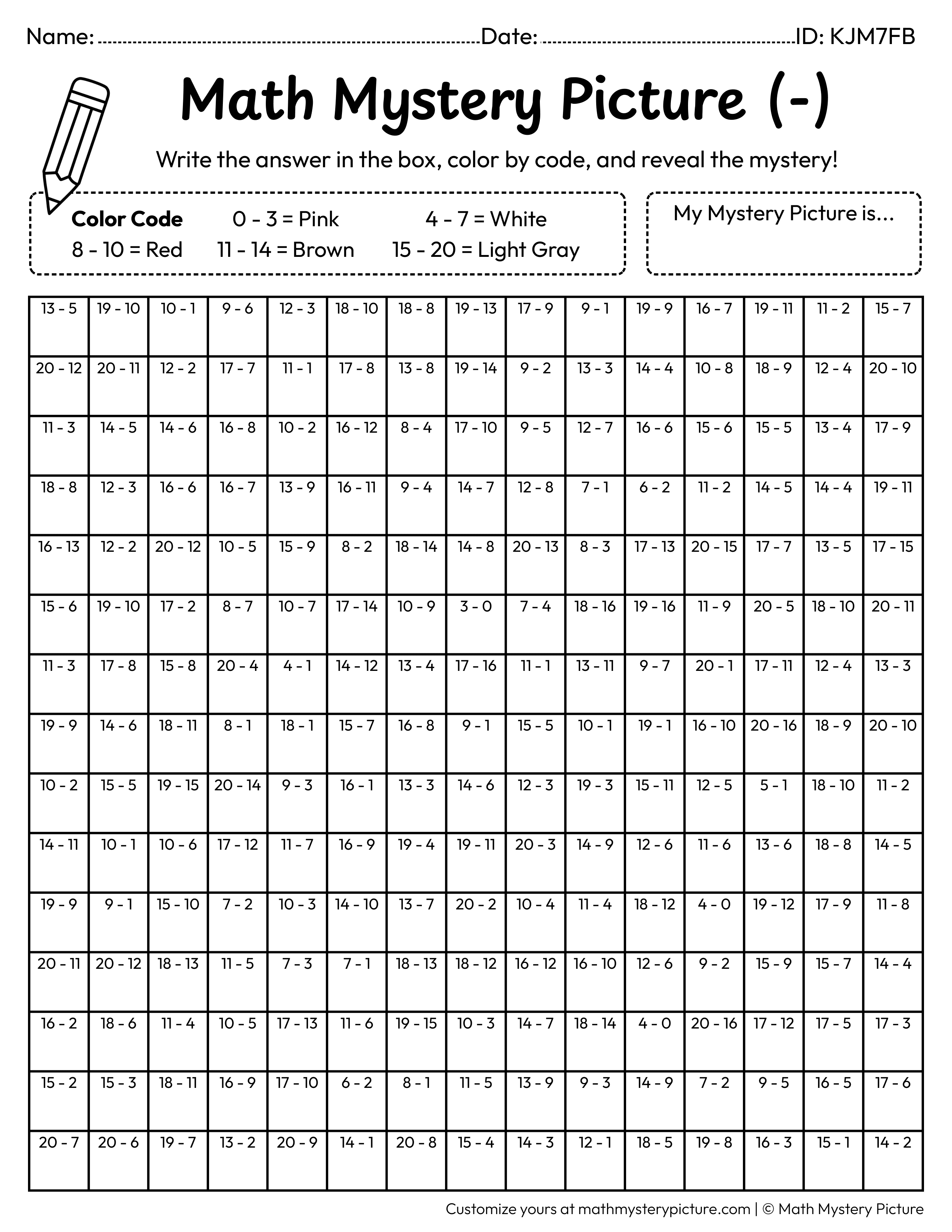 Valentine's Day Love Letter Subtraction Within 20 Math Mystery Picture Coloring Worksheet