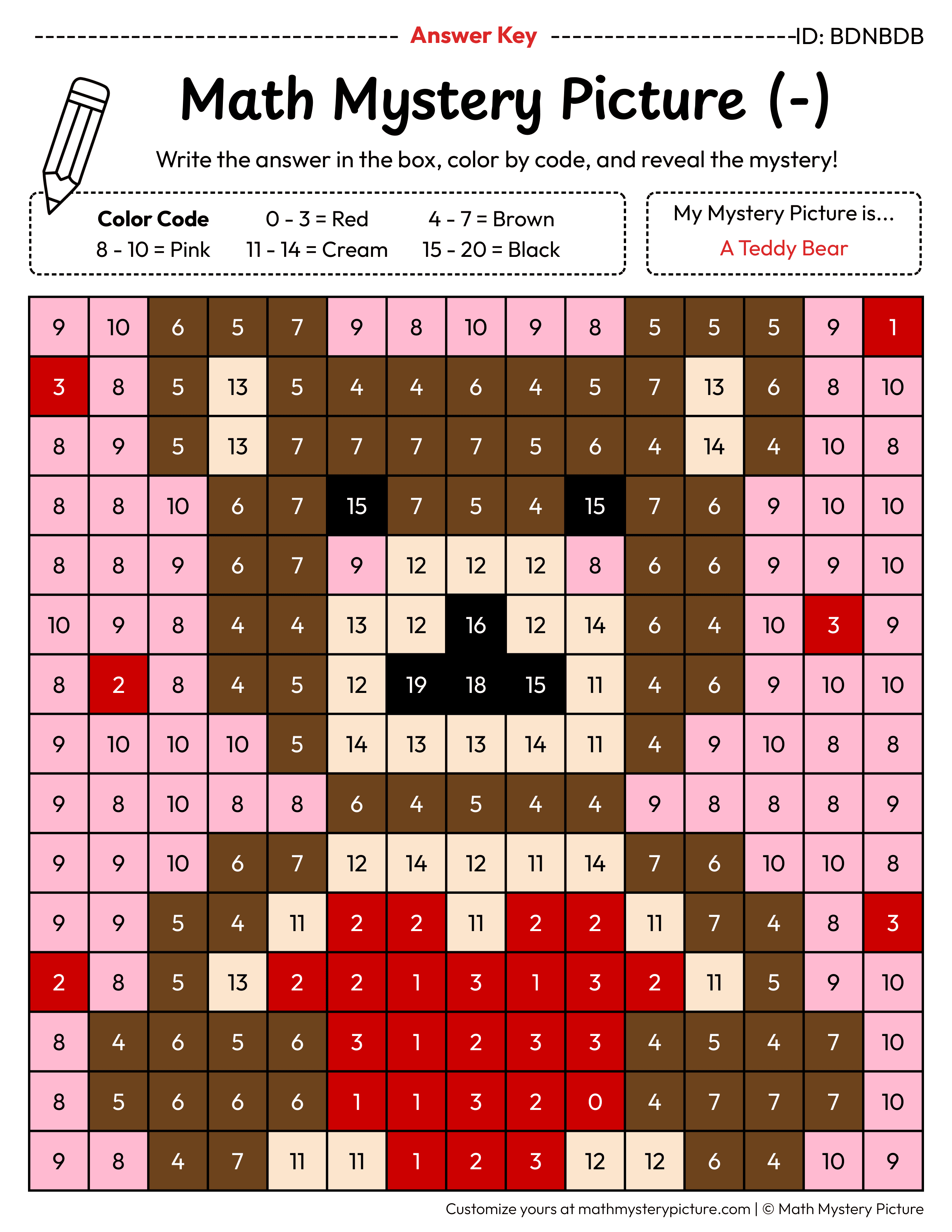Valentine's Day Teddy Bear Subtraction Within 20 Math Mystery Picture Color by Number Answer Key