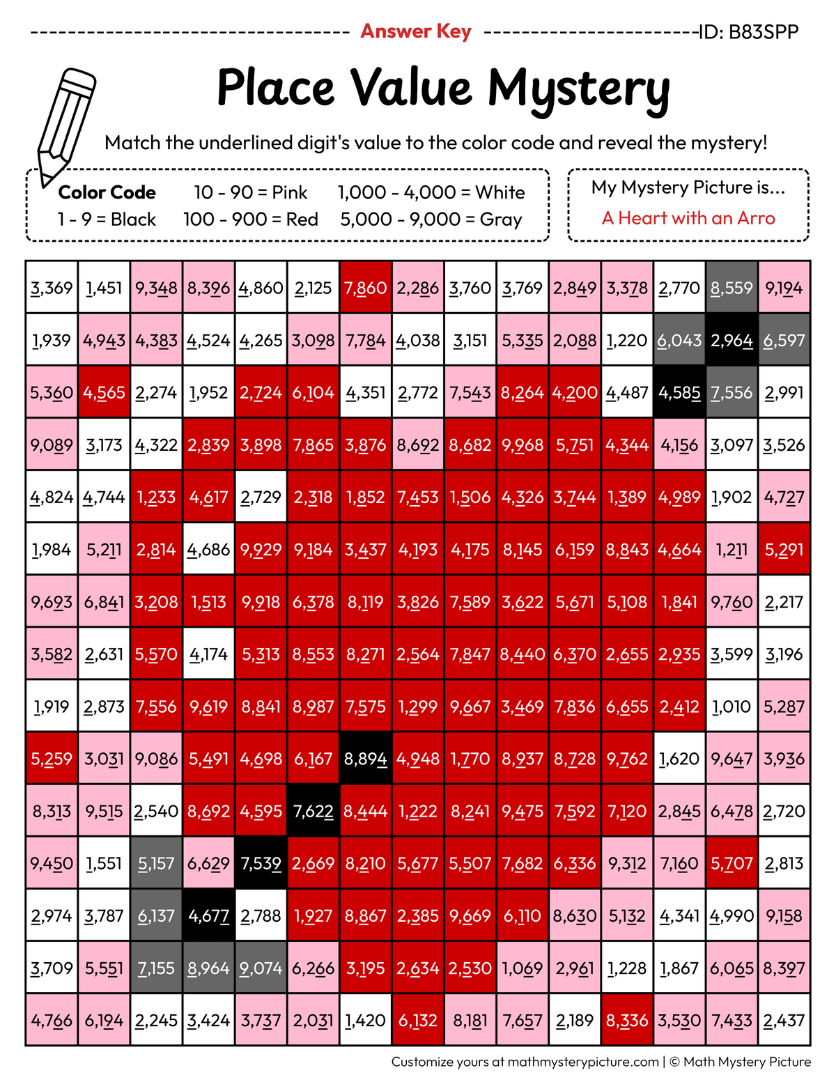 Valentine's Day Heart with an Arrow Value of Underlined Digit Math Mystery Picture Color by Number Answer Key
