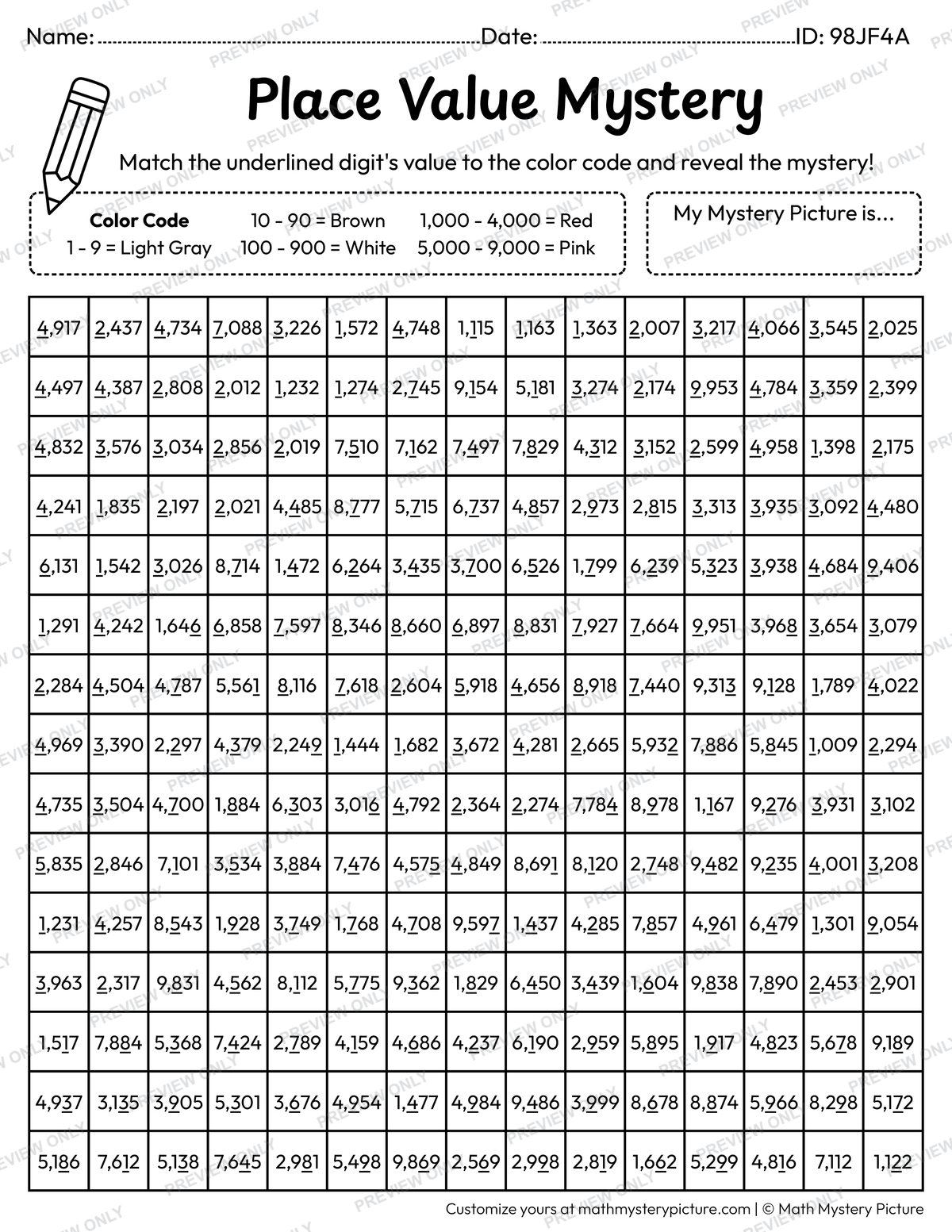 Valentine's Day Love Letter Value of Underlined Digit Math Mystery Picture Coloring Worksheet