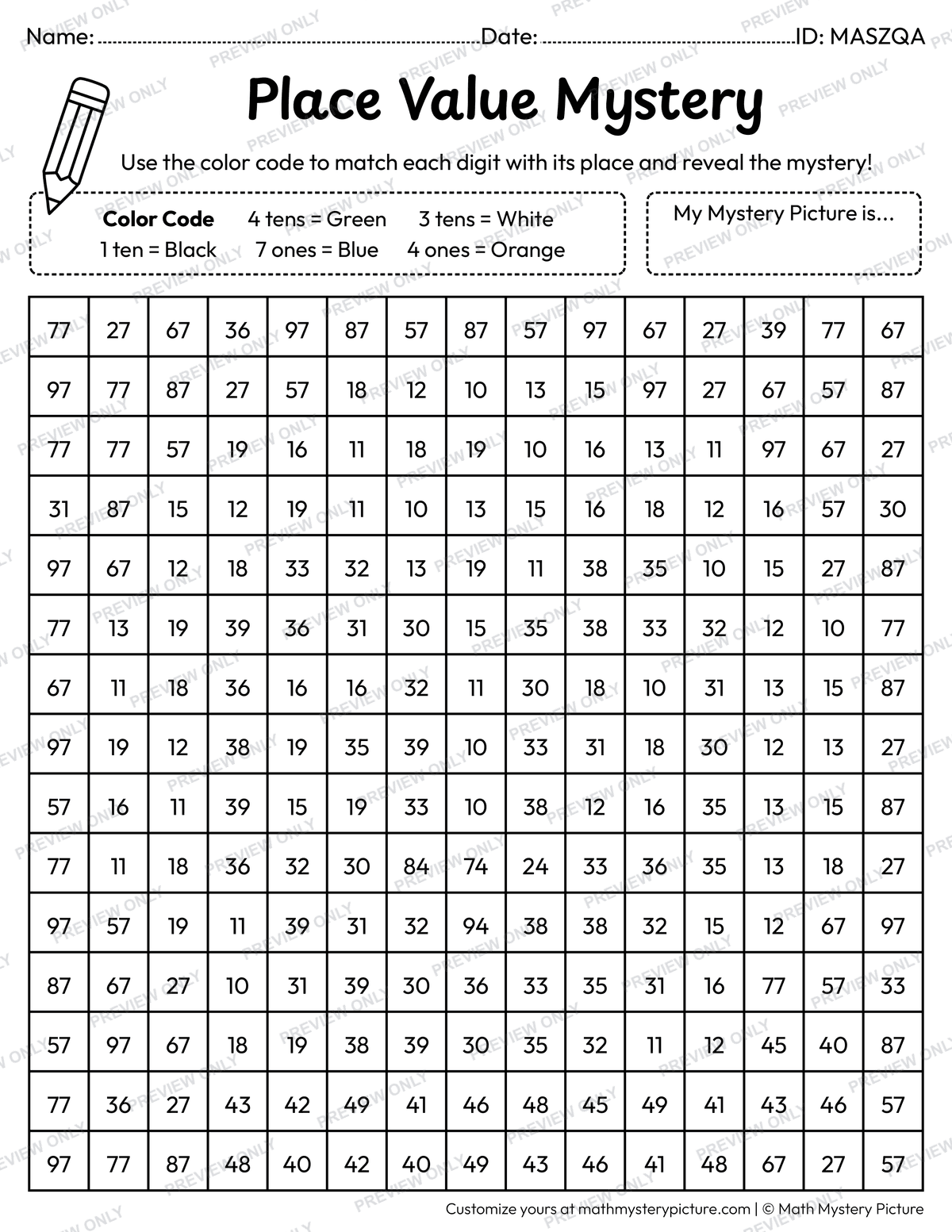 Winter Penguin 2-digit Place Value Math Mystery Picture Coloring Worksheet
