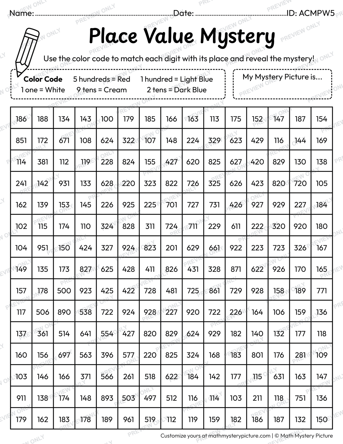 Winter Mitten 3-digit Place Value Math Mystery Picture Coloring Worksheet