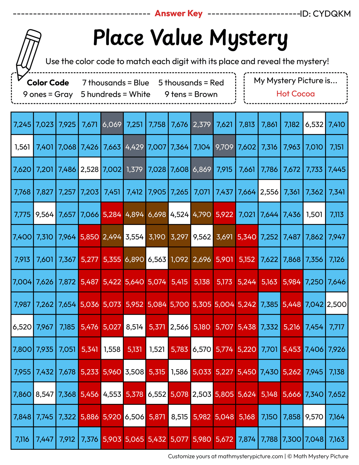 Winter Hot Cocoa 4-digit Place Value Math Mystery Picture Color by Number Answer Key