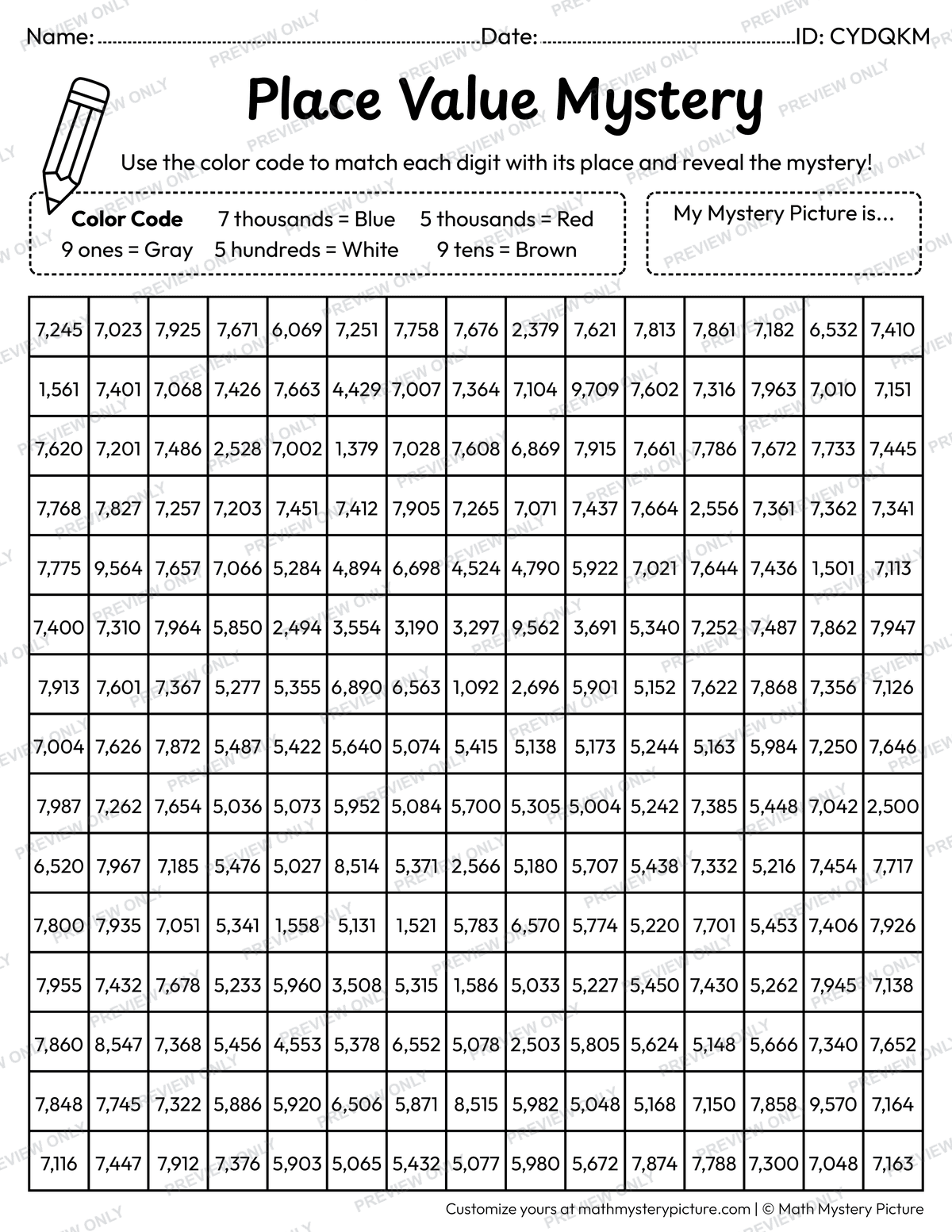 Winter Hot Cocoa 4-digit Place Value Math Mystery Picture Coloring Worksheet