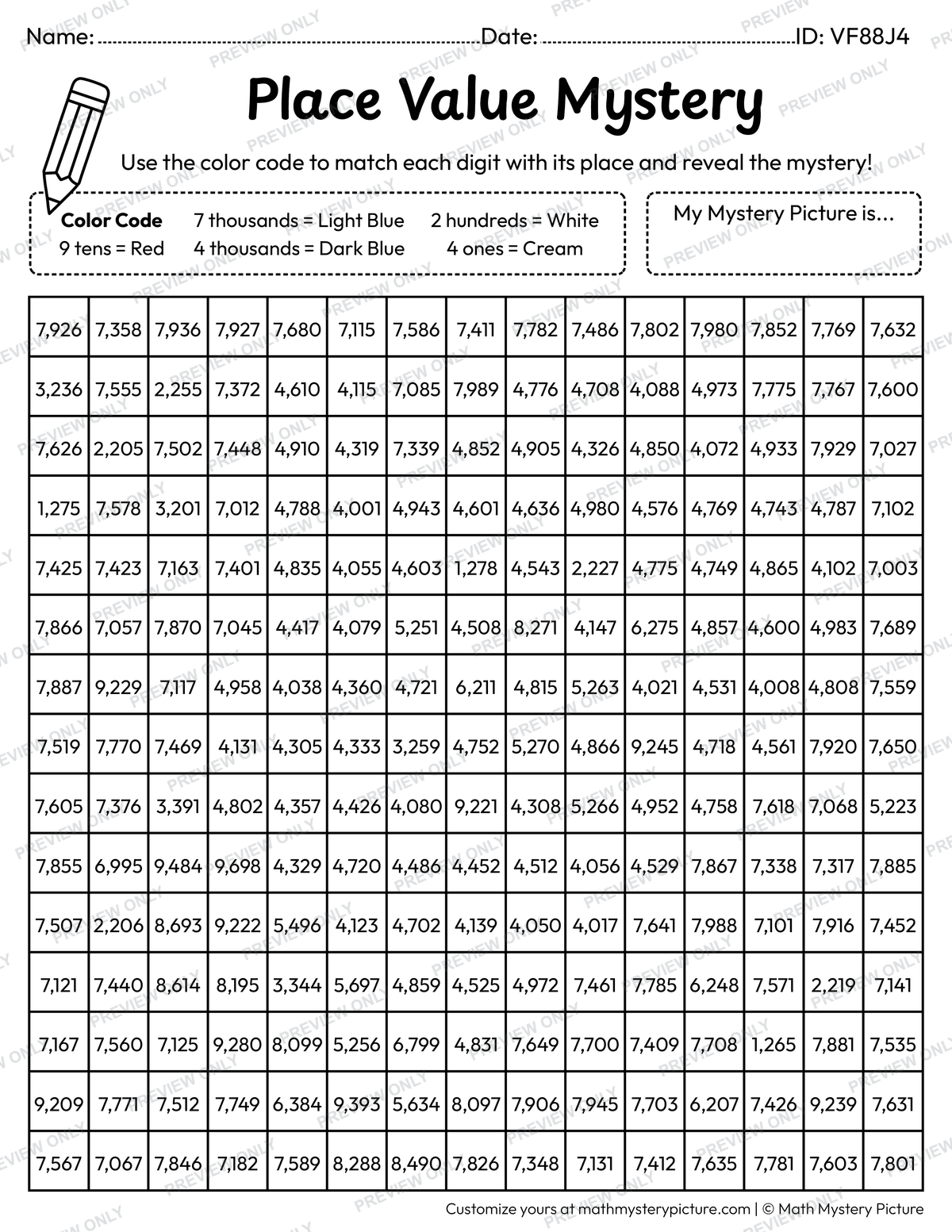 Winter Mitten 4-digit Place Value Math Mystery Picture Coloring Worksheet