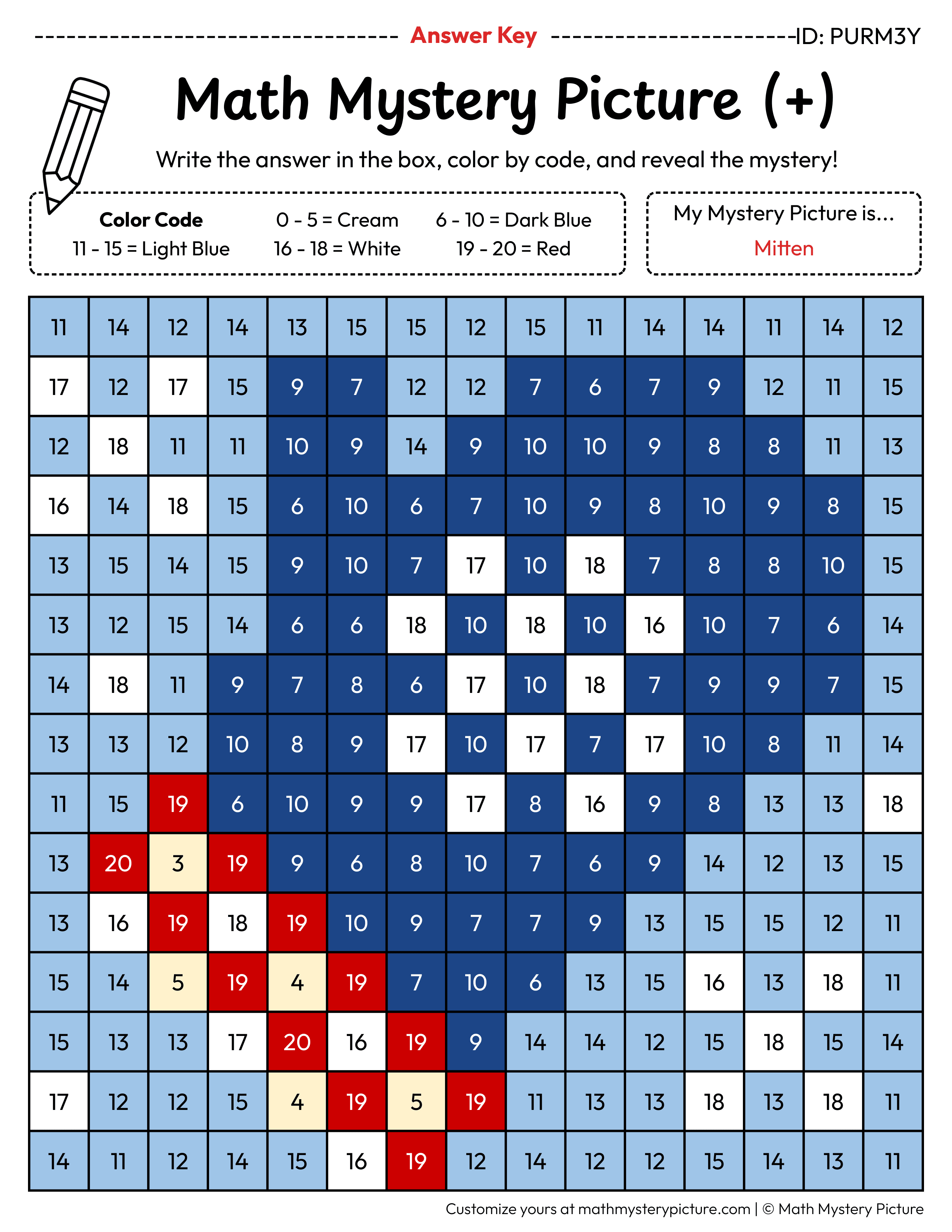 Winter Mitten Addition Within 20 Math Mystery Picture Color by Number Answer Key