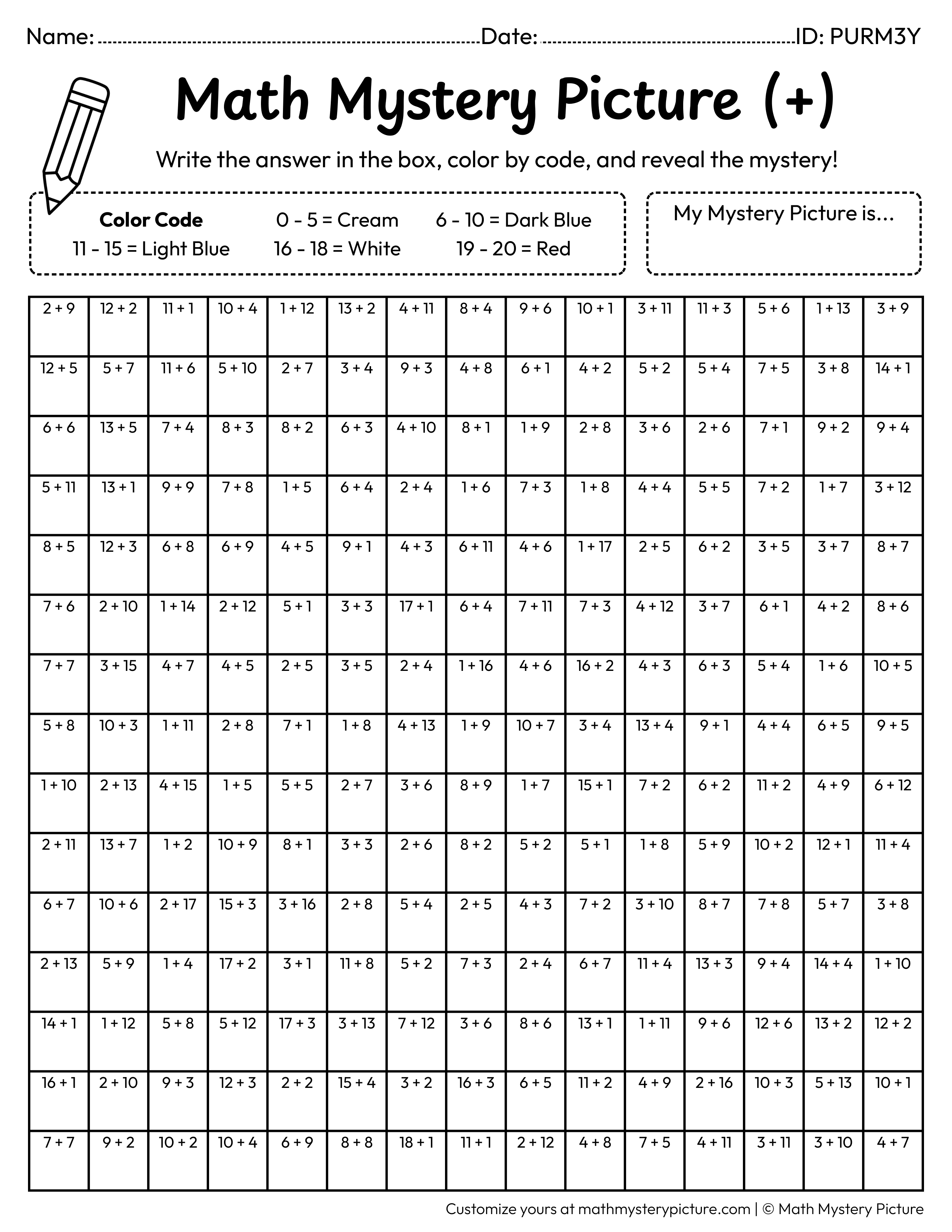 Winter Mitten Addition Within 20 Math Mystery Picture Coloring Worksheet
