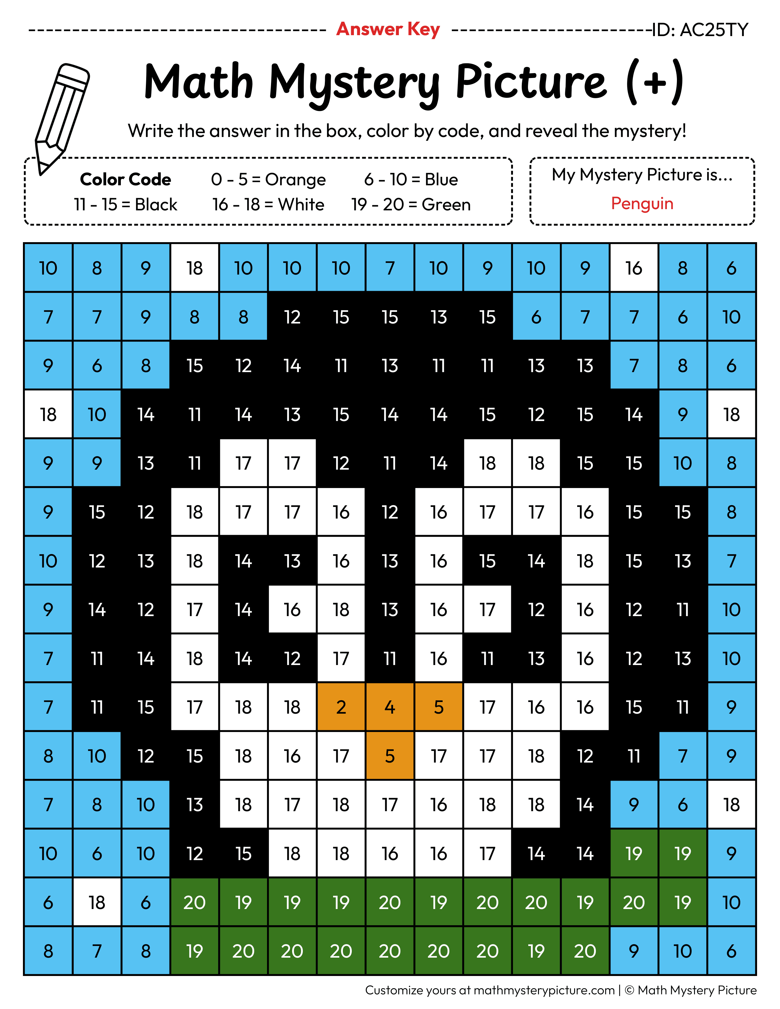 Winter Penguin Addition Within 20 Math Mystery Picture Color by Number Answer Key