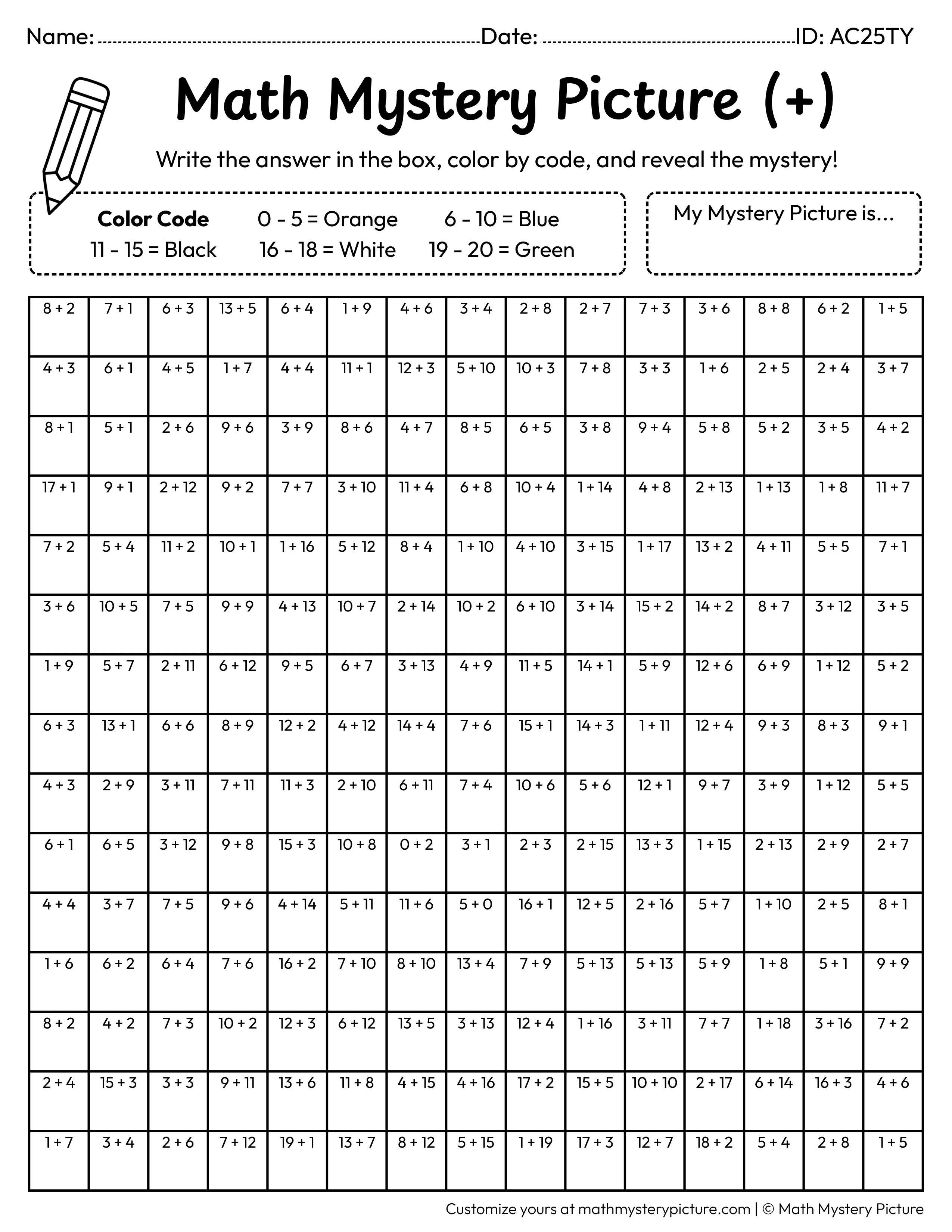 Winter Penguin Addition Within 20 Math Mystery Picture Coloring Worksheet