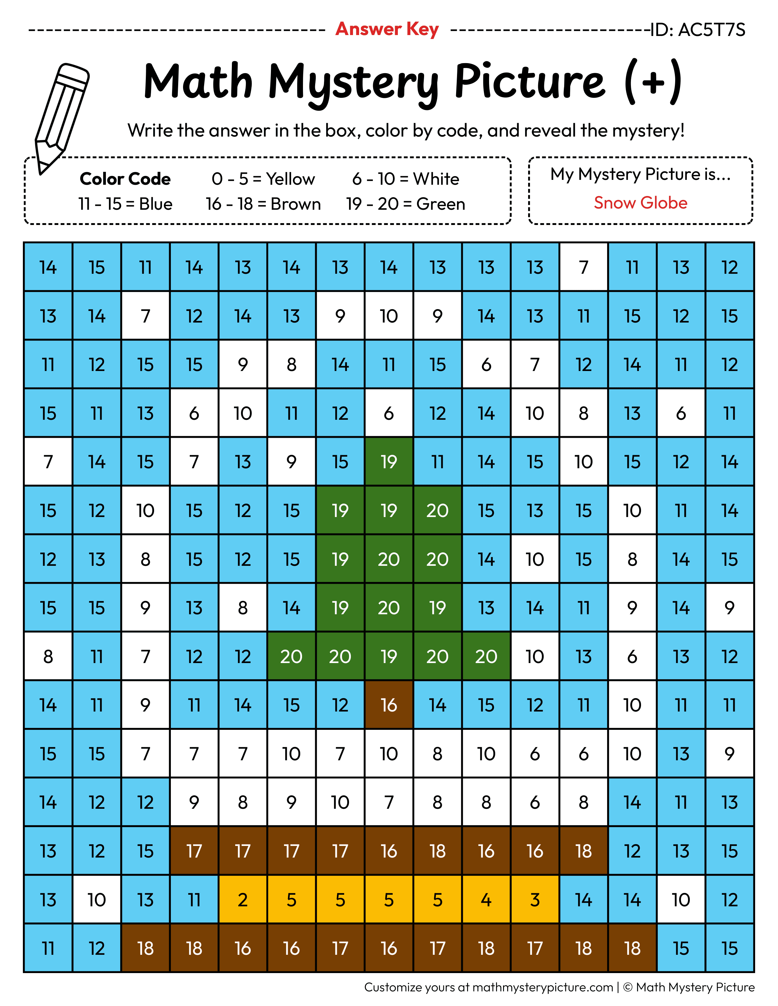 Winter Snow Globe Addition Within 20 Math Mystery Picture Color by Number Answer Key