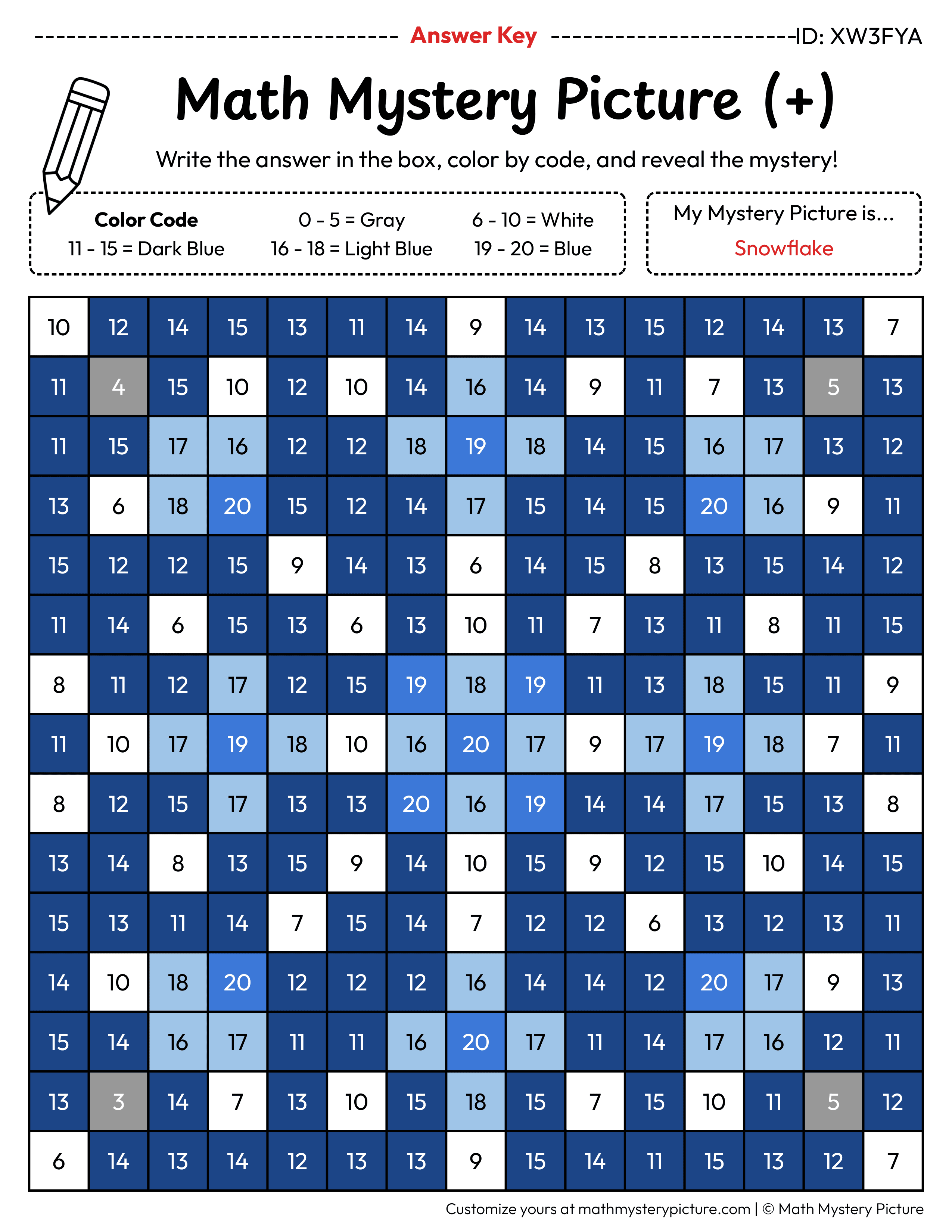 Winter Snowflake Addition Within 20 Math Mystery Picture Color by Number Answer Key