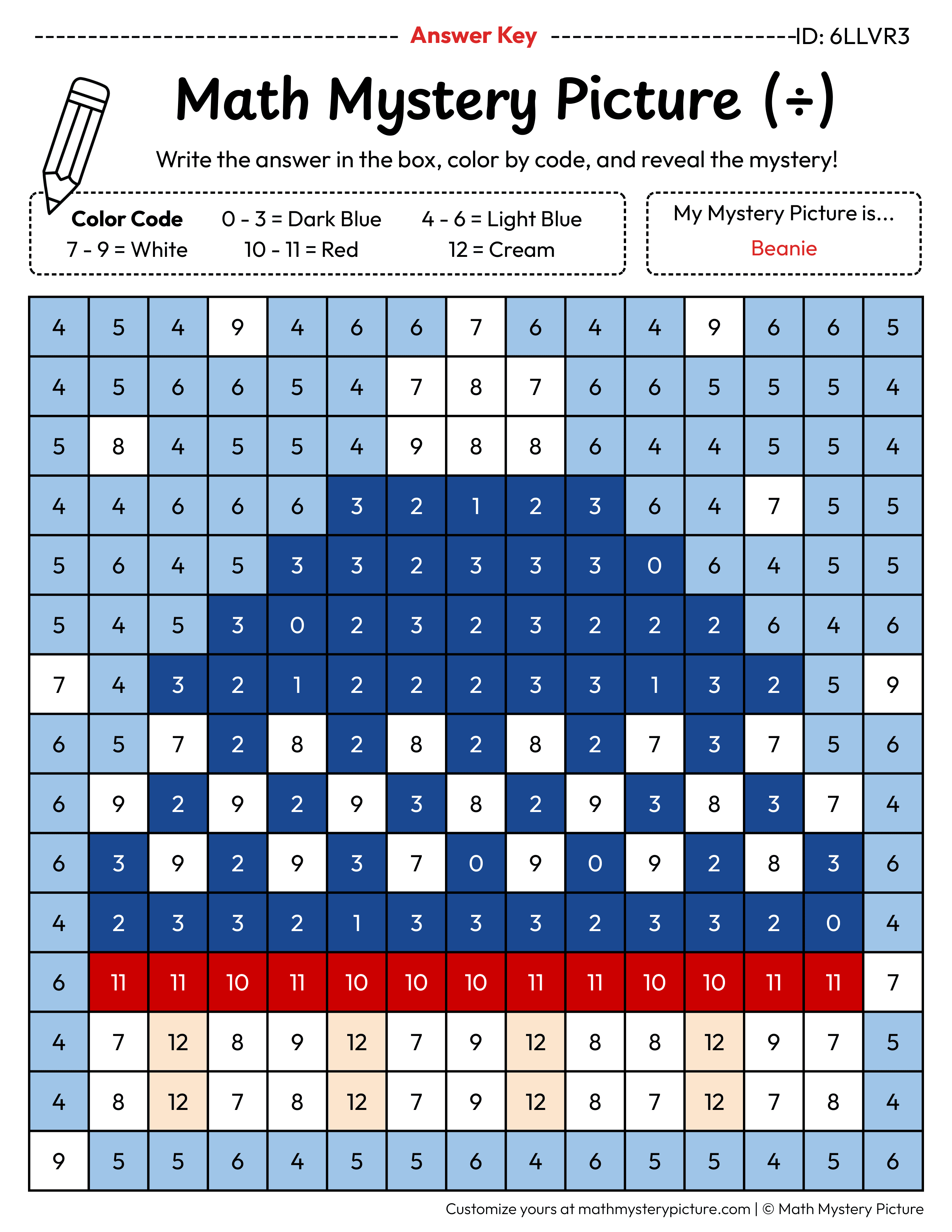 Winter Beanie Division Facts Math Mystery Picture Color by Number Answer Key