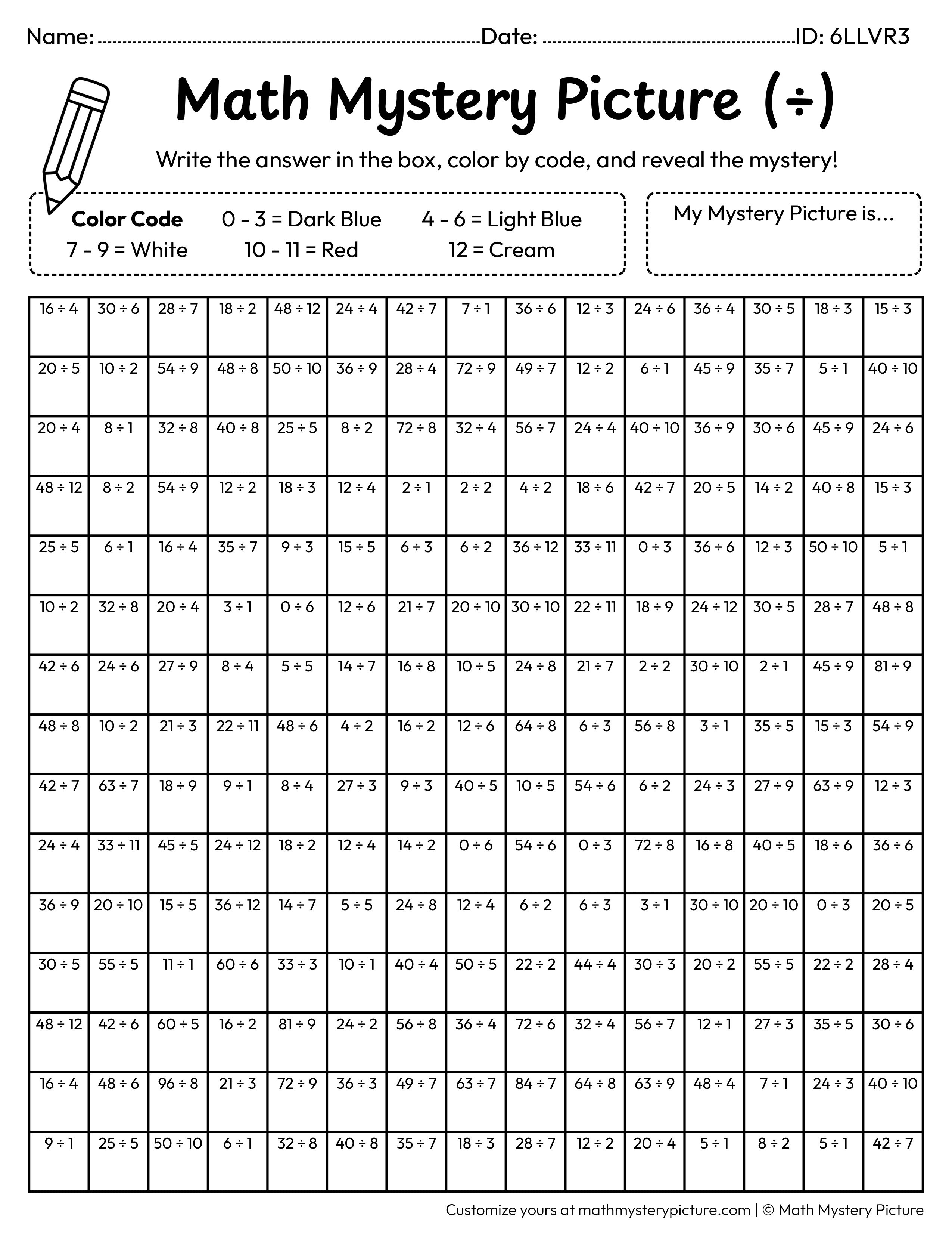 Winter Beanie Division Facts Math Mystery Picture Coloring Worksheet