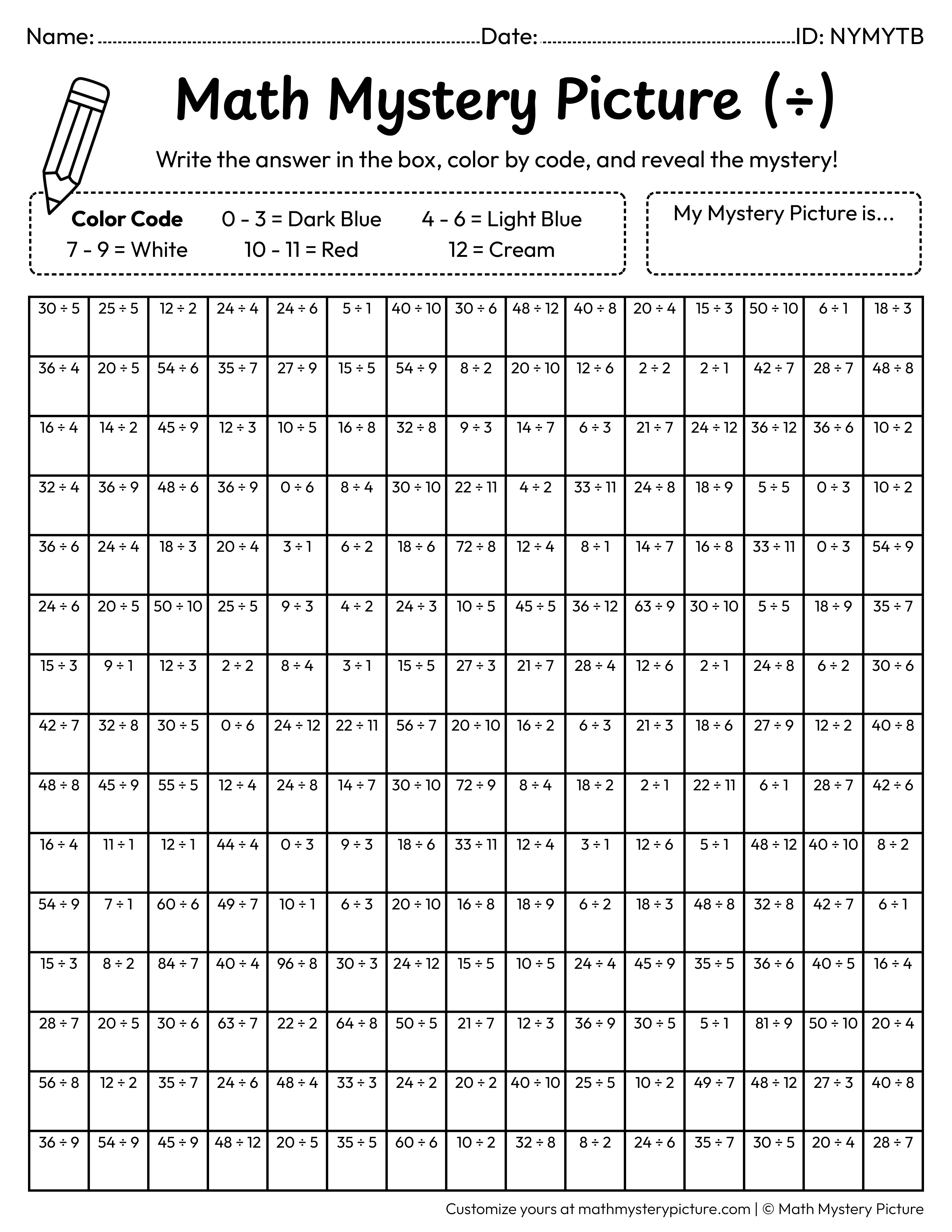 Winter Mitten Division Facts Math Mystery Picture Coloring Worksheet