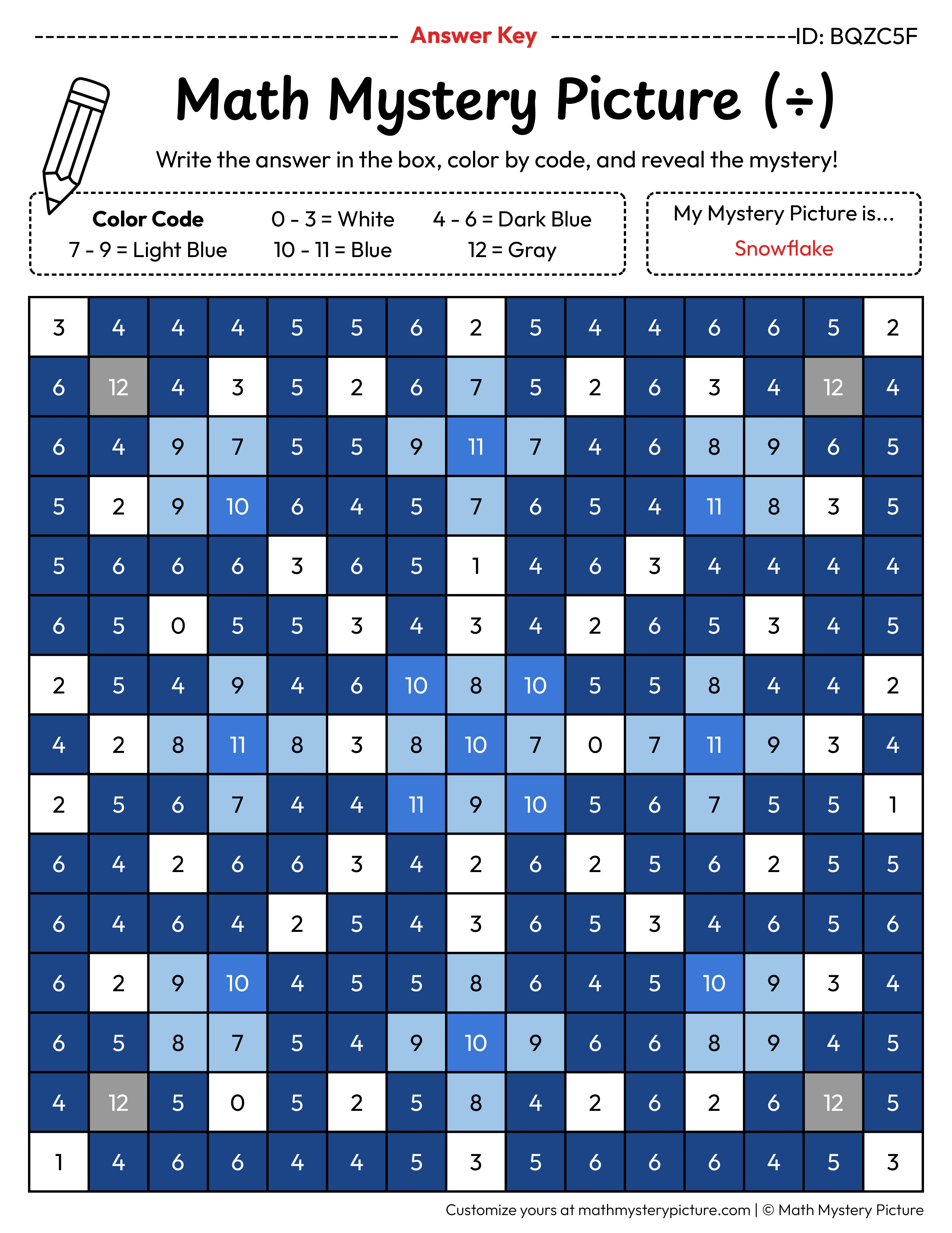 Winter Snowflake Division Facts Math Mystery Picture Color by Number Answer Key