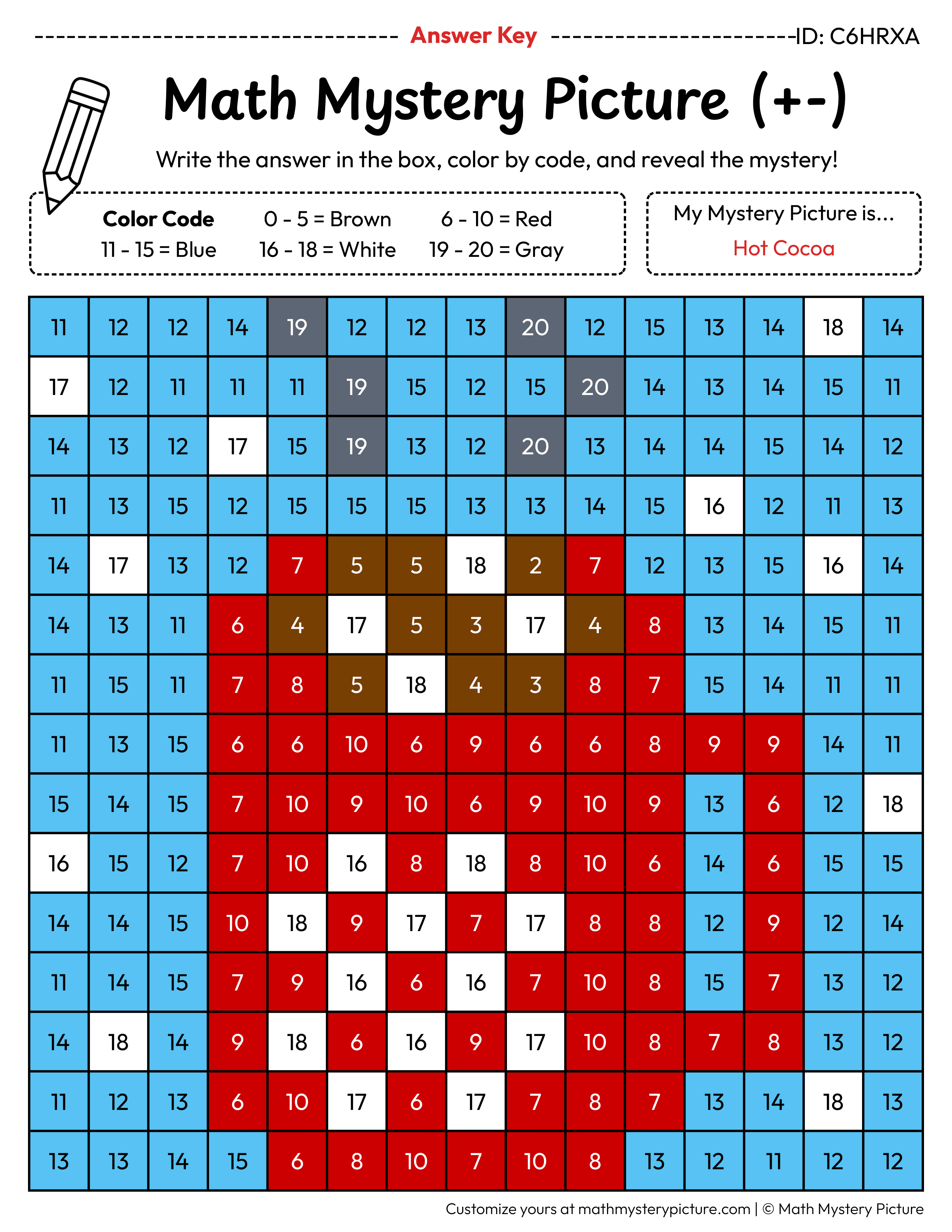 Winter Hot Cocoa Mixed Addition and Subtraction Within 20 Math Mystery Picture Color by Number Answer Key