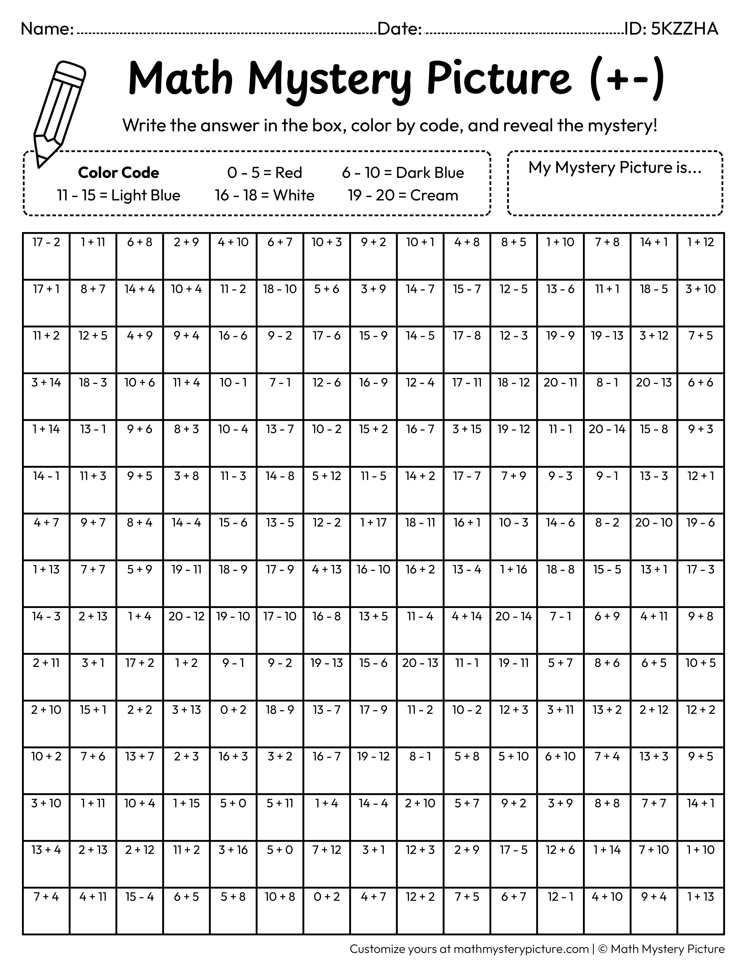 Winter Mitten Mixed Addition and Subtraction Within 20 Math Mystery Picture Coloring Worksheet