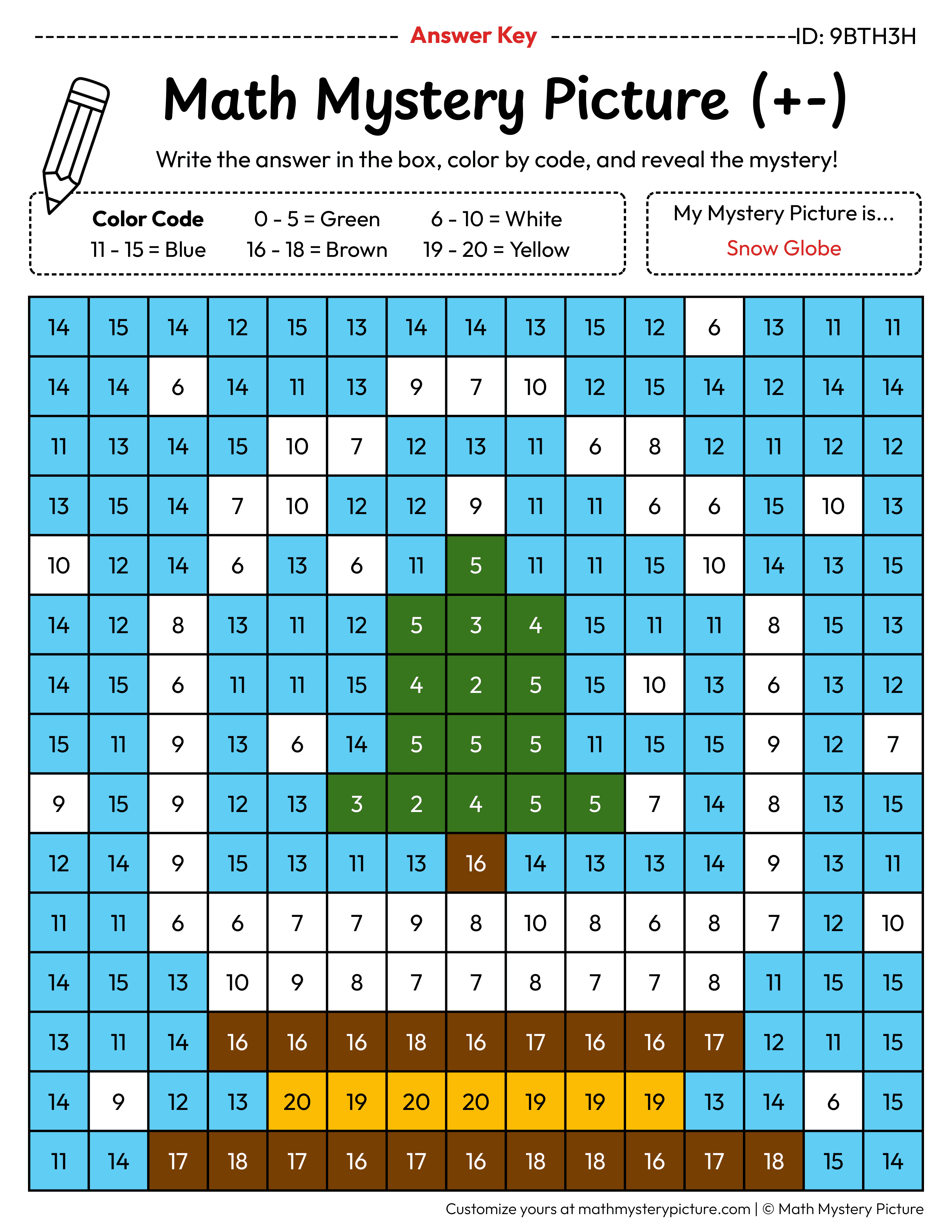 Winter Snow Globe Mixed Addition and Subtraction Within 20 Math Mystery Picture Color by Number Answer Key
