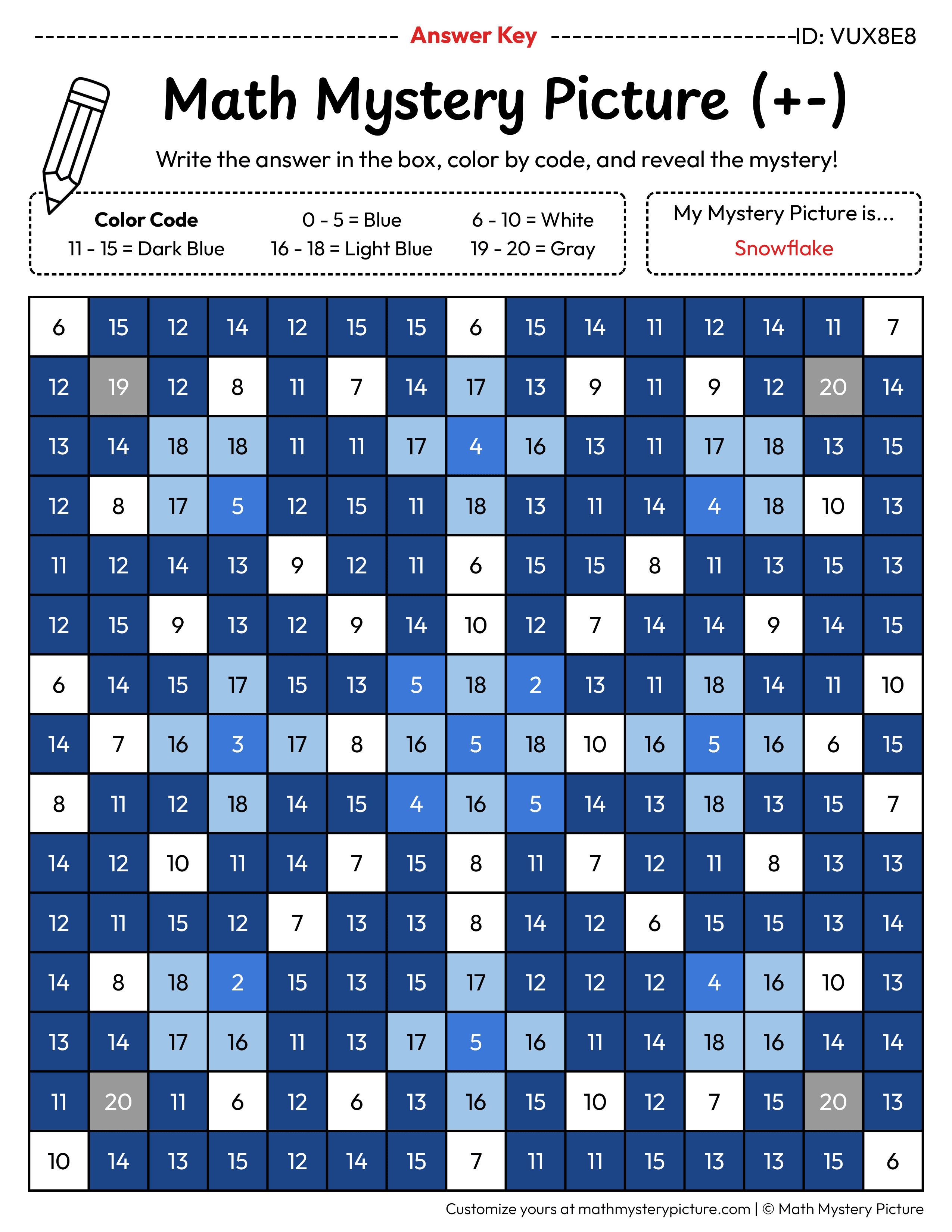 Winter Snowflake Mixed Addition and Subtraction Within 20 Math Mystery Picture Color by Number Answer Key