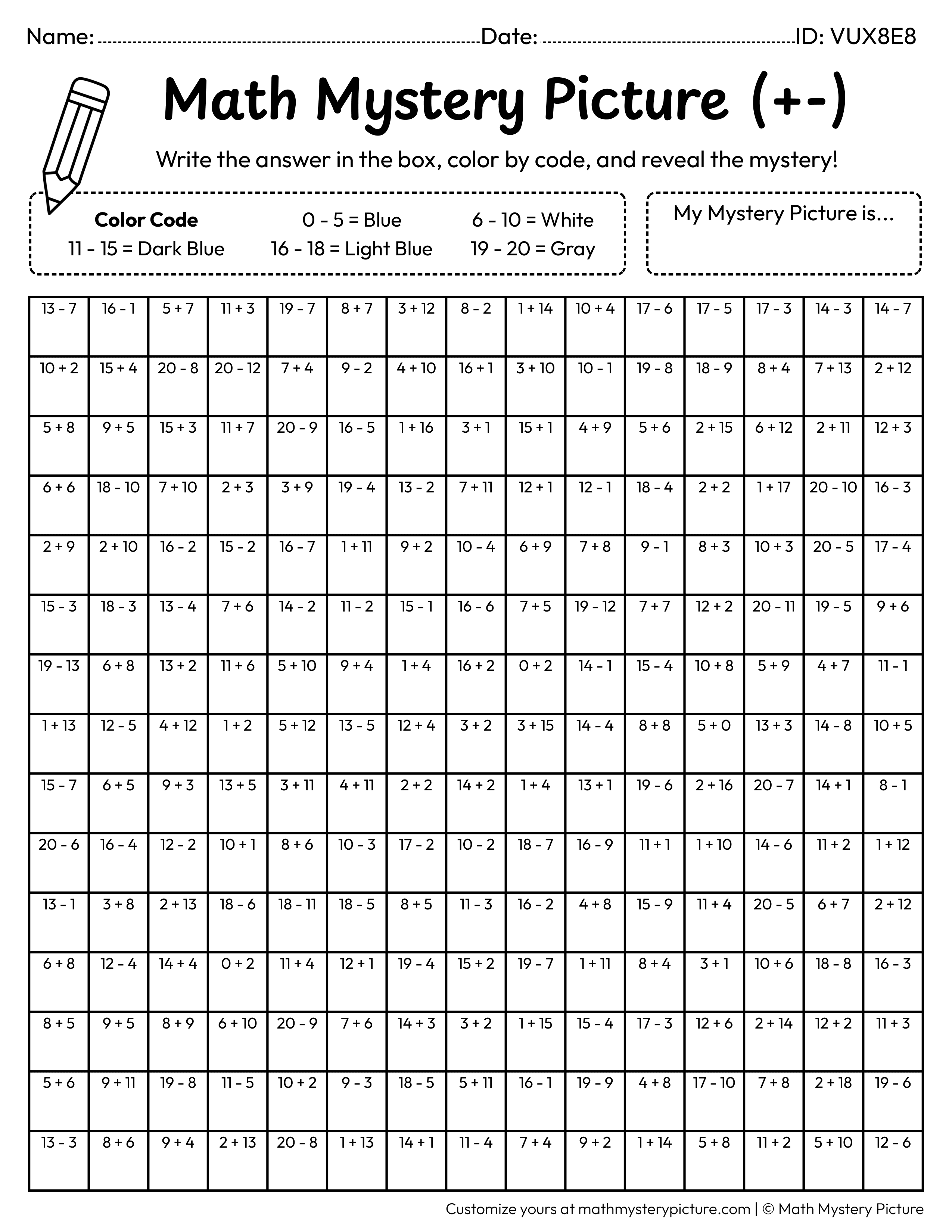 Winter Snowflake Mixed Addition and Subtraction Within 20 Math Mystery Picture Coloring Worksheet