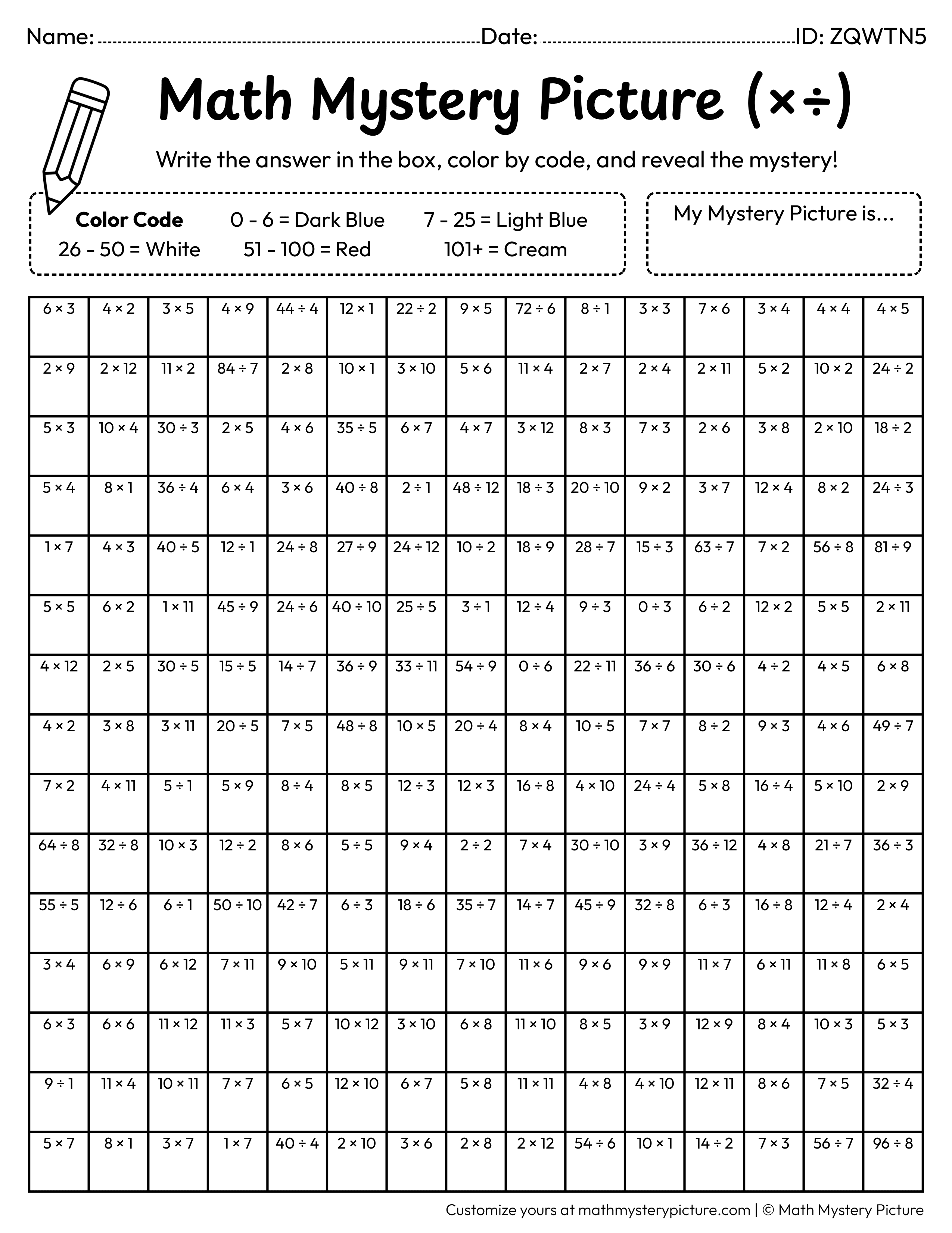 Winter Beanie Mixed Multiplication and Division Facts Math Mystery Picture Coloring Worksheet