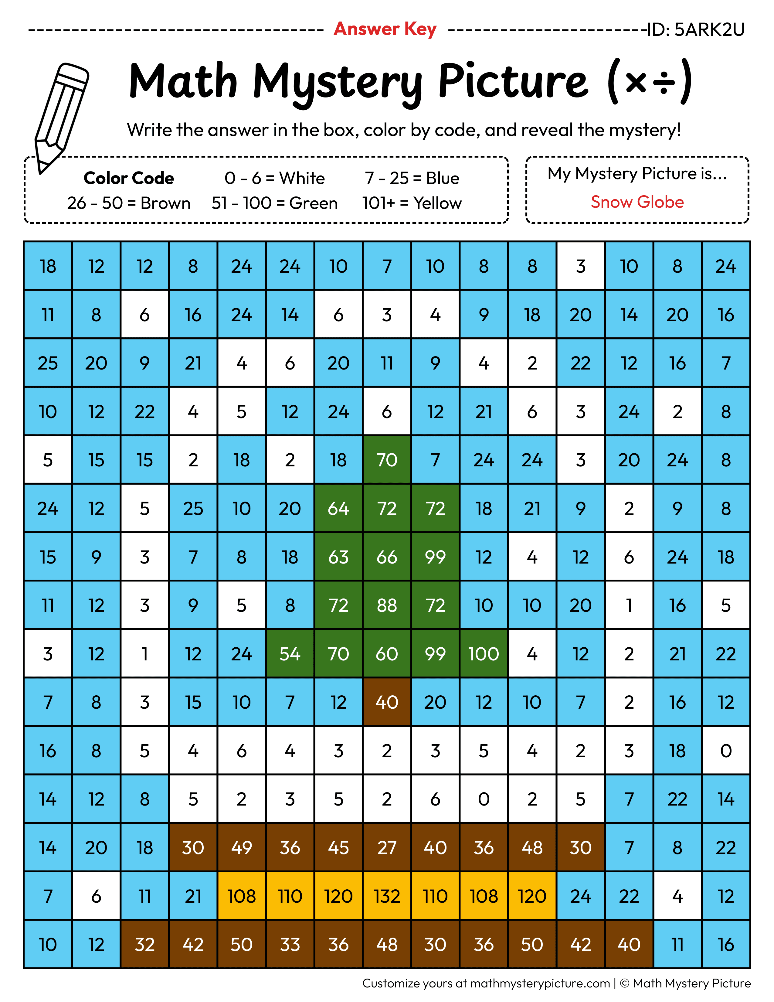 Winter Snow Globe Mixed Multiplication and Division Facts Math Mystery Picture Color by Number Answer Key