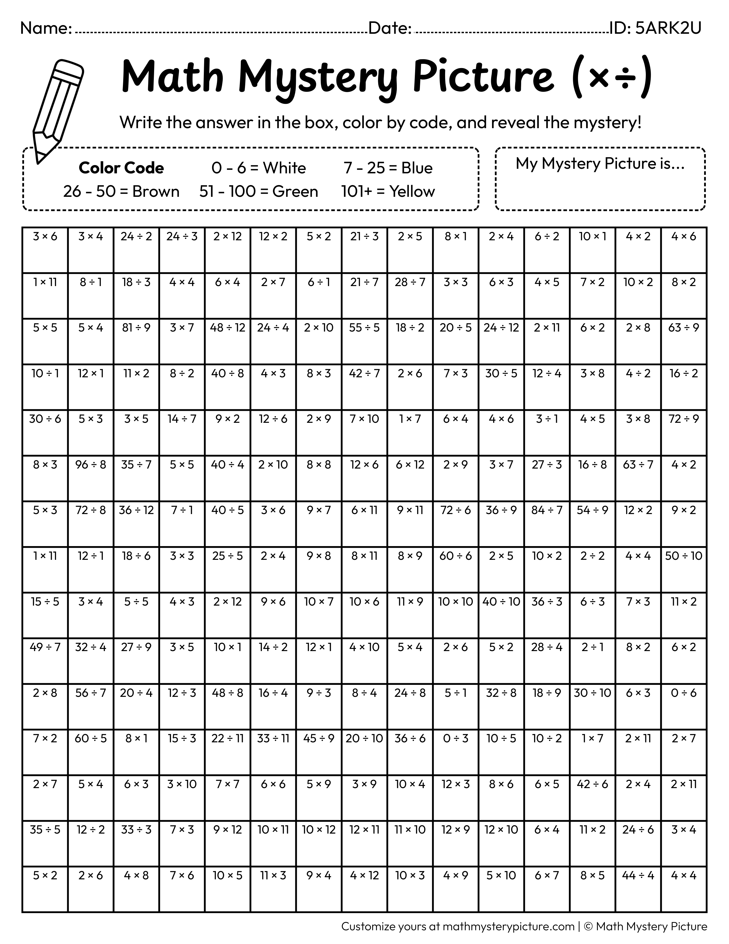 Winter Snow Globe Mixed Multiplication and Division Facts Math Mystery Picture Coloring Worksheet
