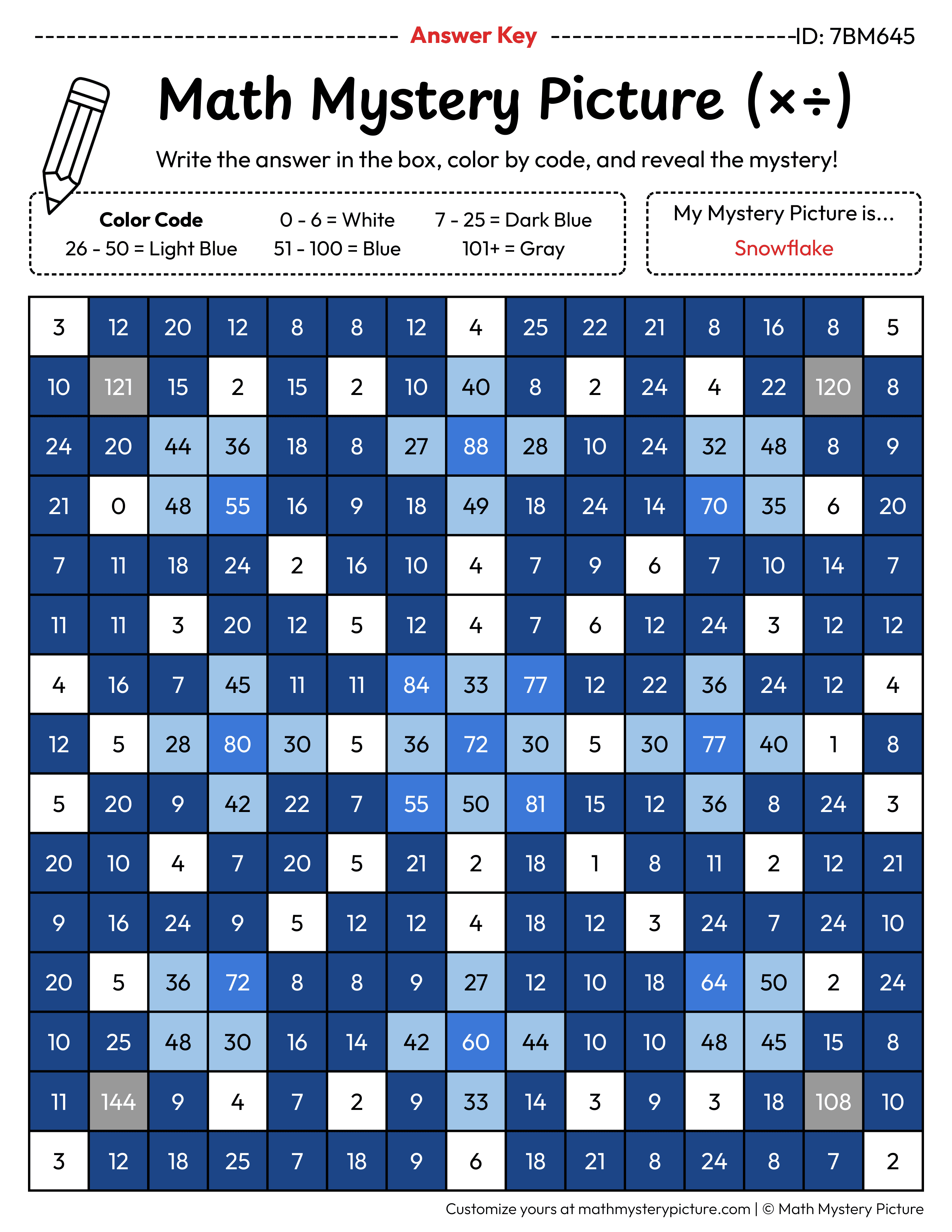 Winter Snowflake Mixed Multiplication and Division Facts Math Mystery Picture Color by Number Answer Key