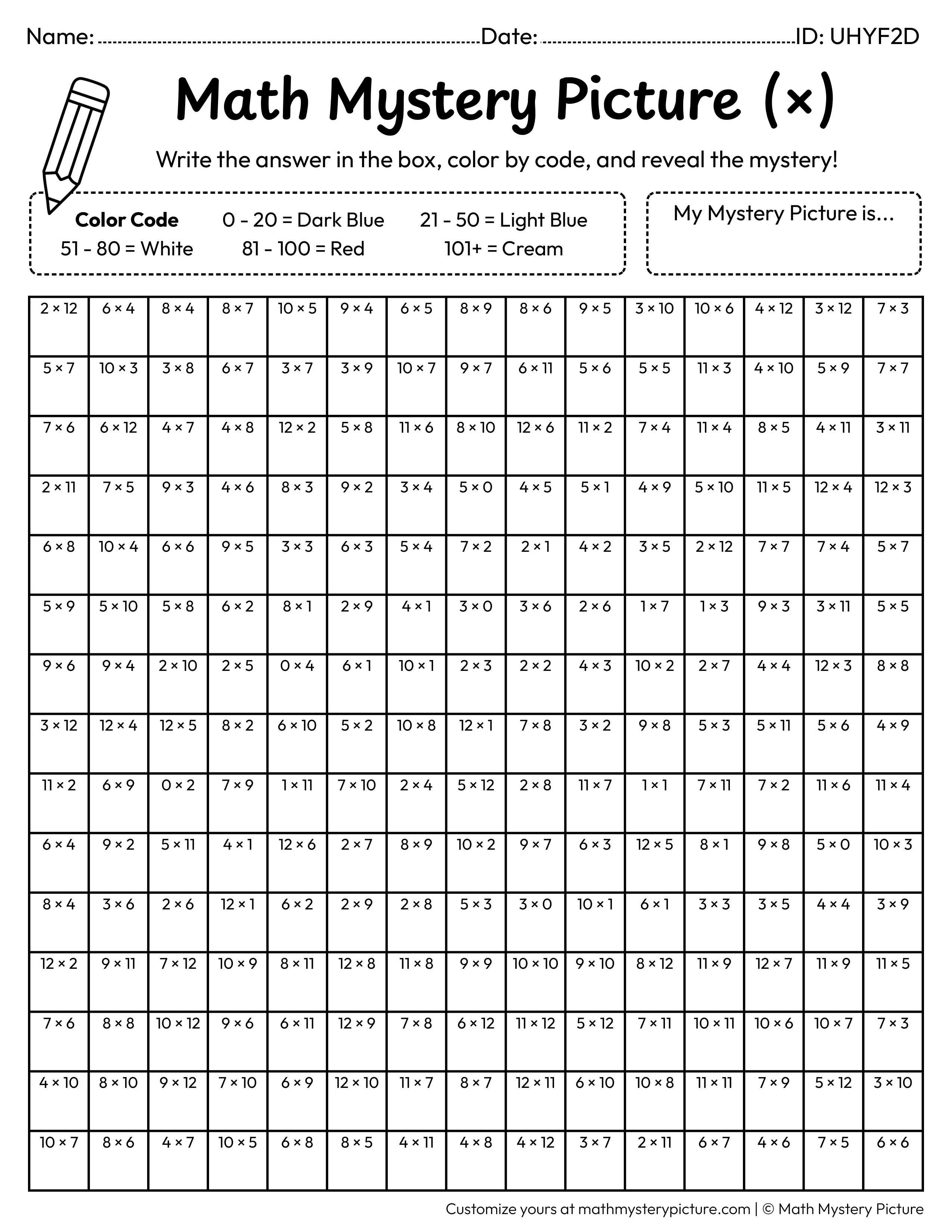 Winter Beanie Multiplication Facts Math Mystery Picture Coloring Worksheet