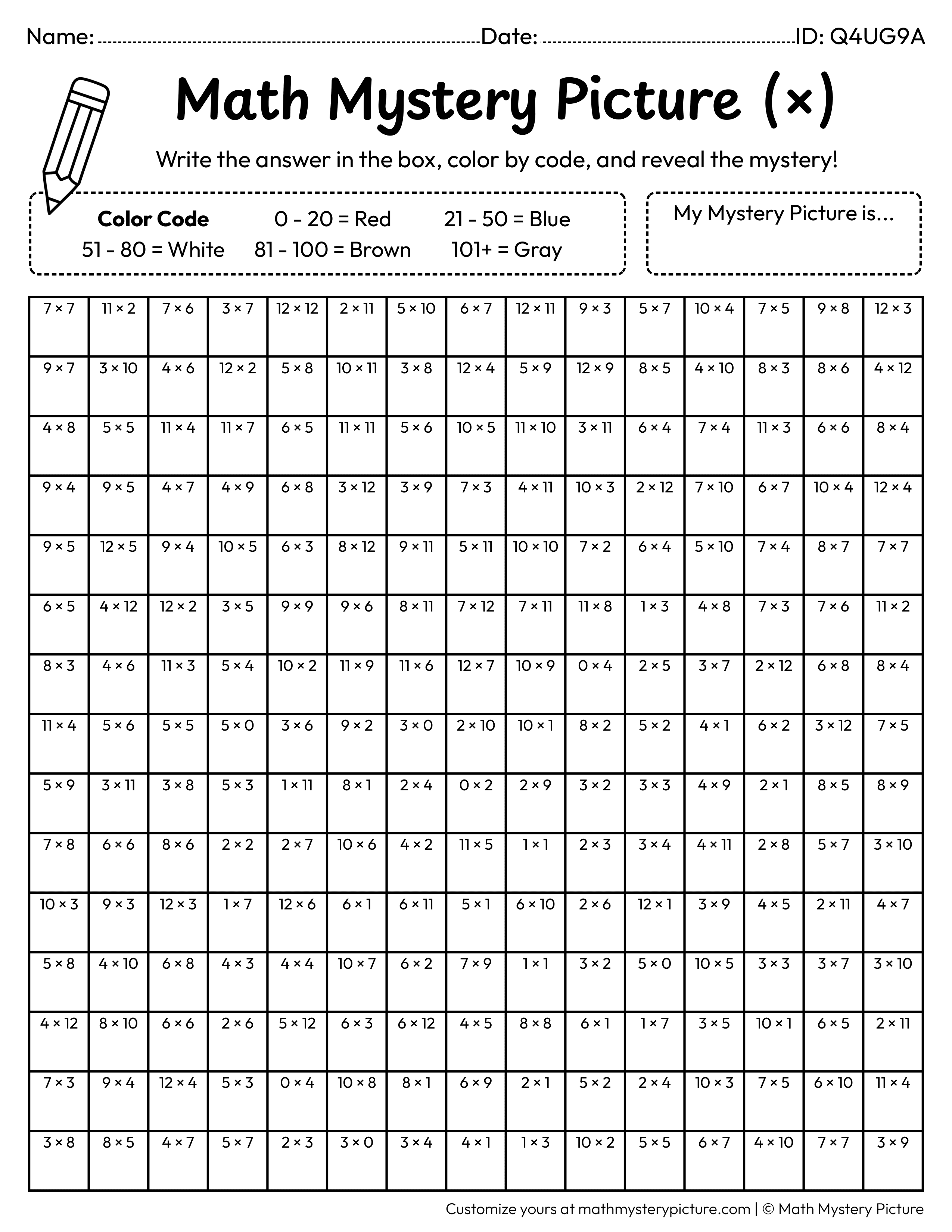Winter Hot Cocoa Multiplication Facts Math Mystery Picture Coloring Worksheet