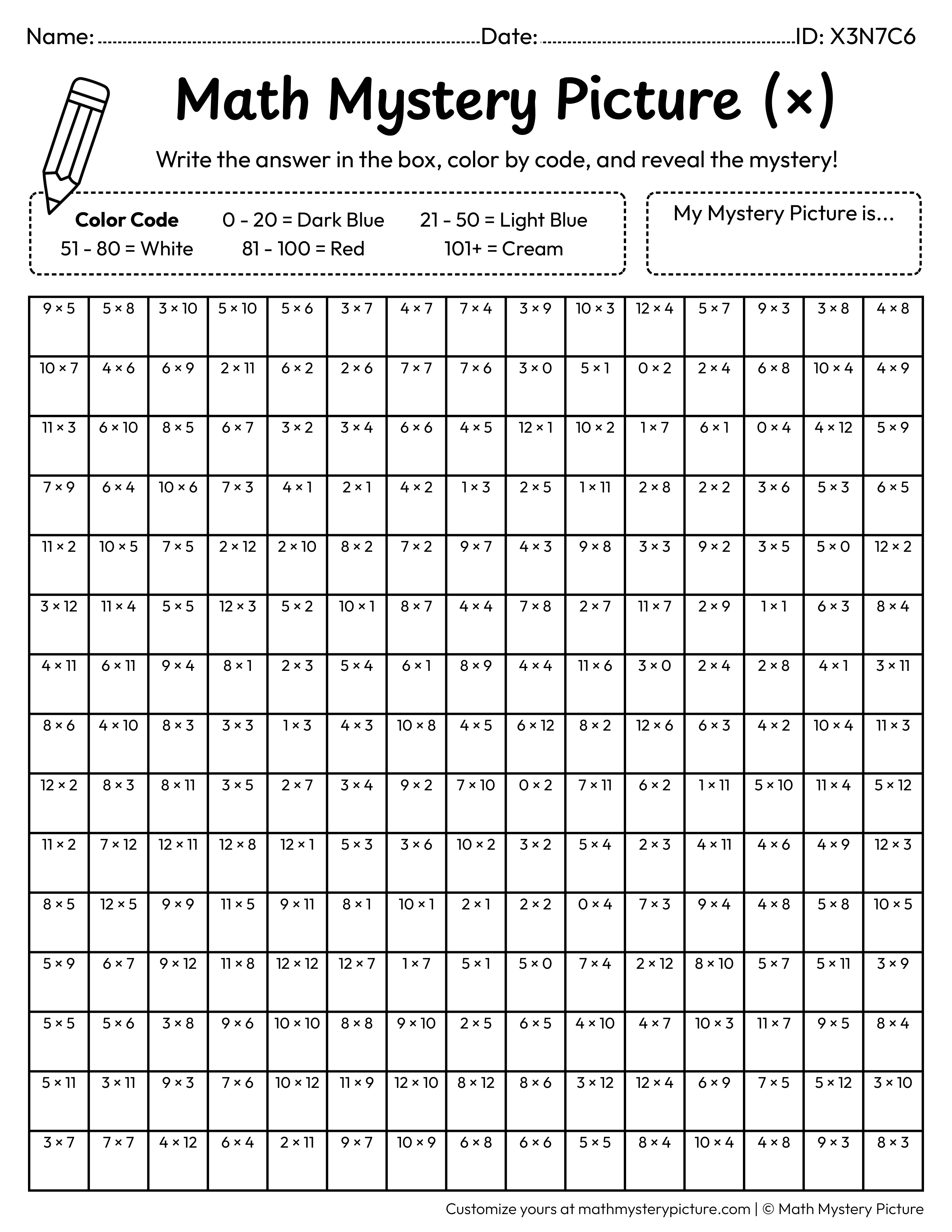 Winter Mitten Multiplication Facts Math Mystery Picture Coloring Worksheet