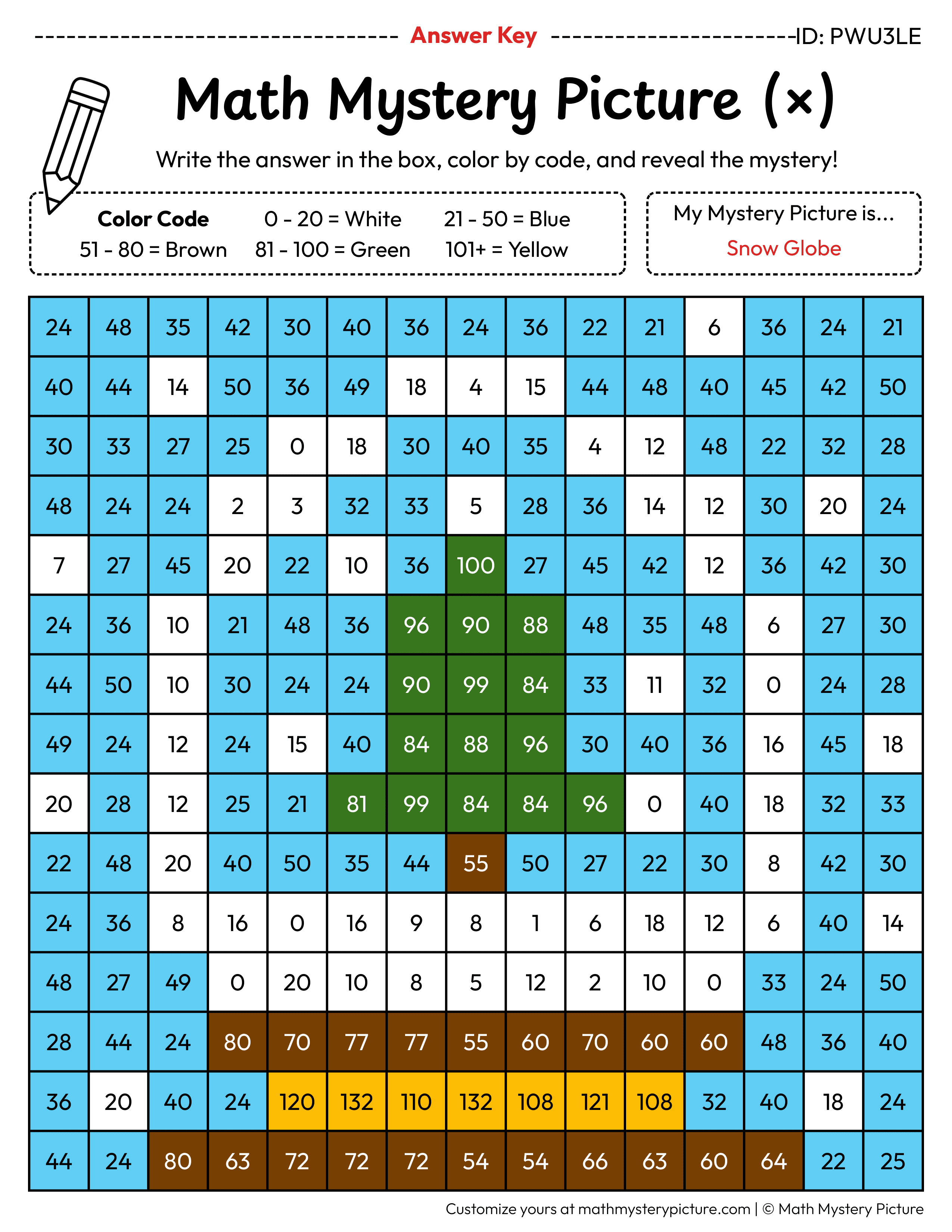 Winter Snow Globe Multiplication Facts Math Mystery Picture Color by Number Answer Key