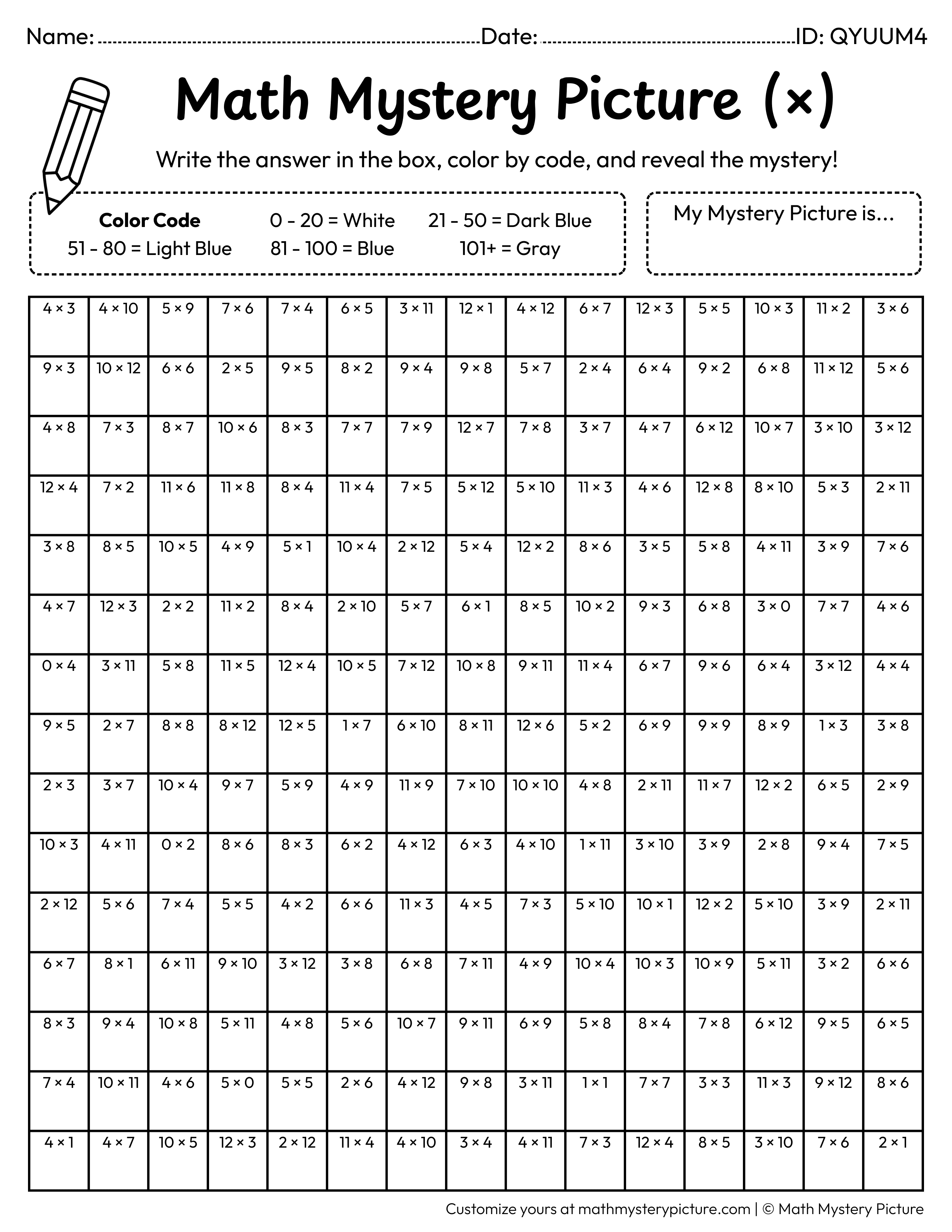 Winter Snowflake Multiplication Facts Math Mystery Picture Coloring Worksheet