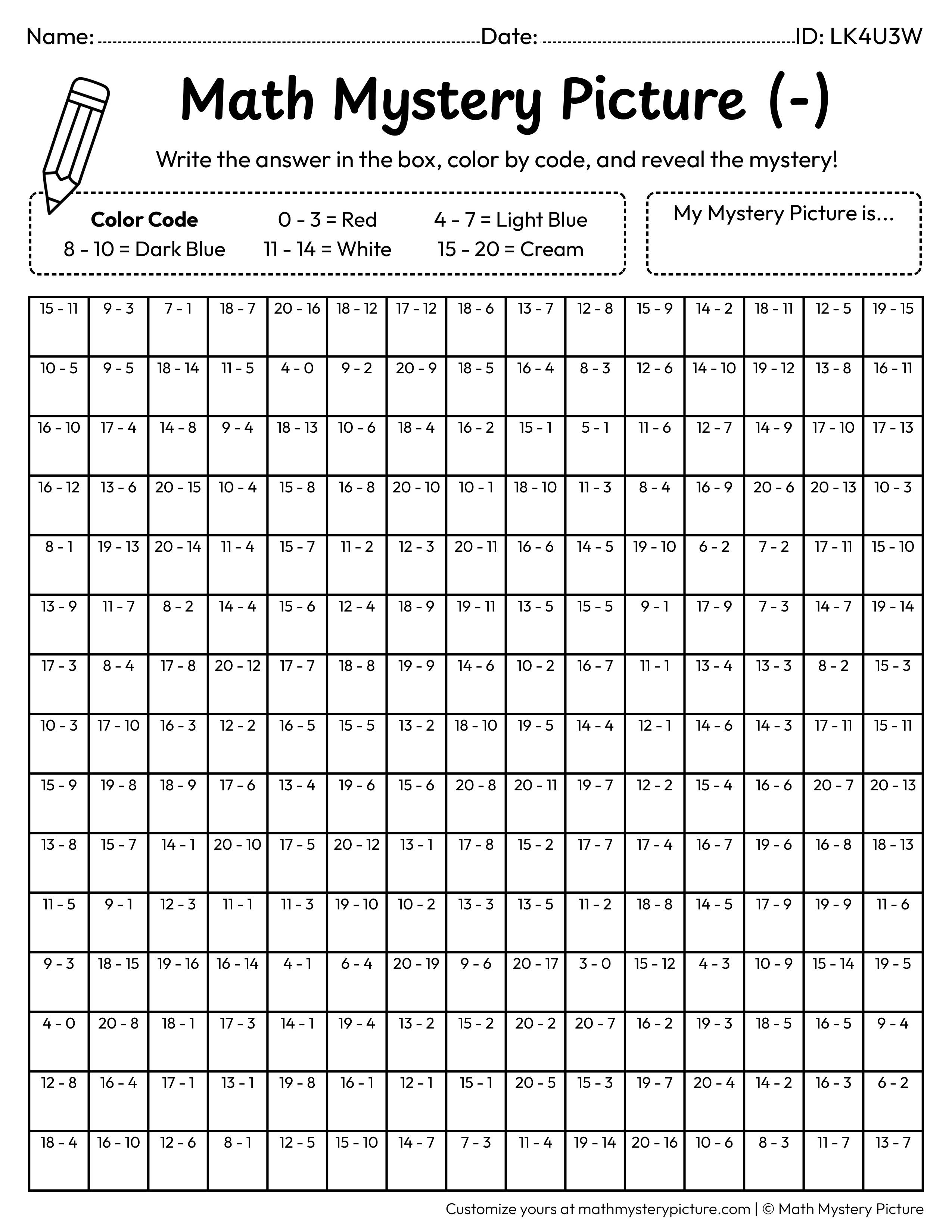 Winter Beanie Subtraction Within 20 Math Mystery Picture Coloring Worksheet