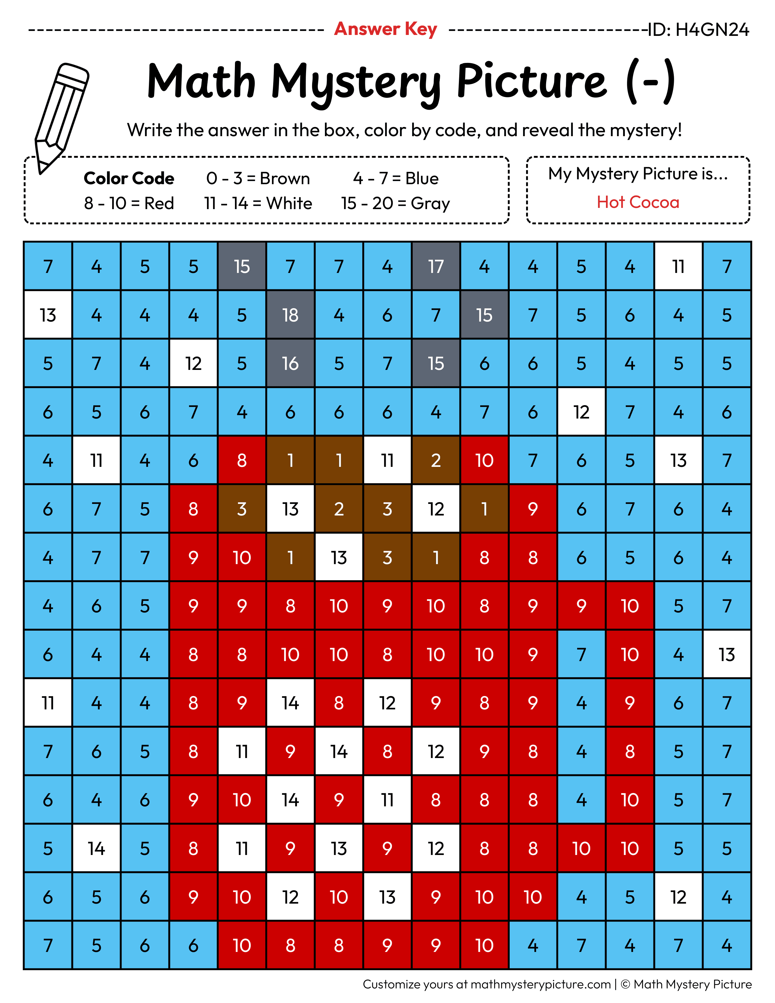 Winter Hot Cocoa Subtraction Within 20 Math Mystery Picture Color by Number Answer Key