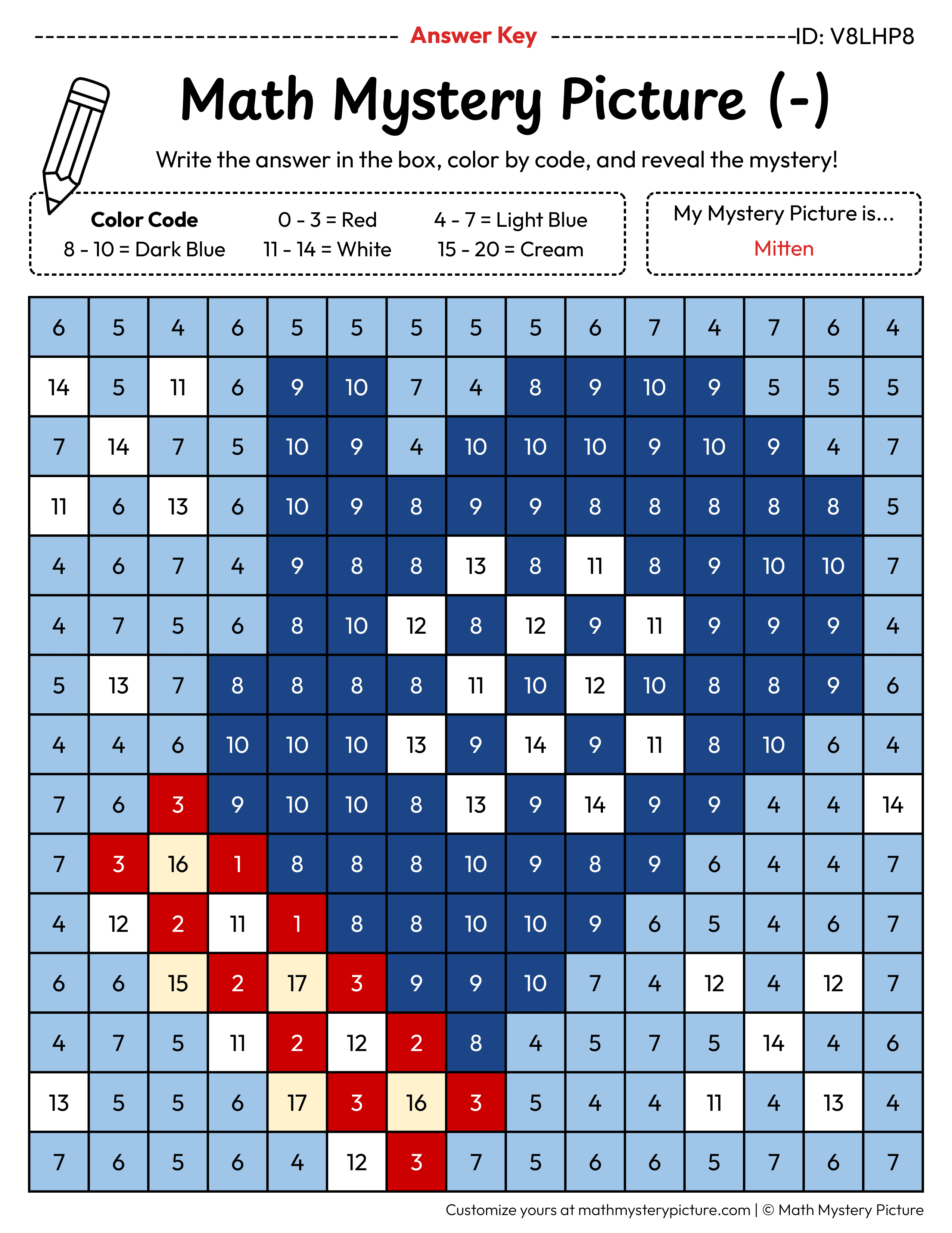 Winter Mitten Subtraction Within 20 Math Mystery Picture Color by Number Answer Key