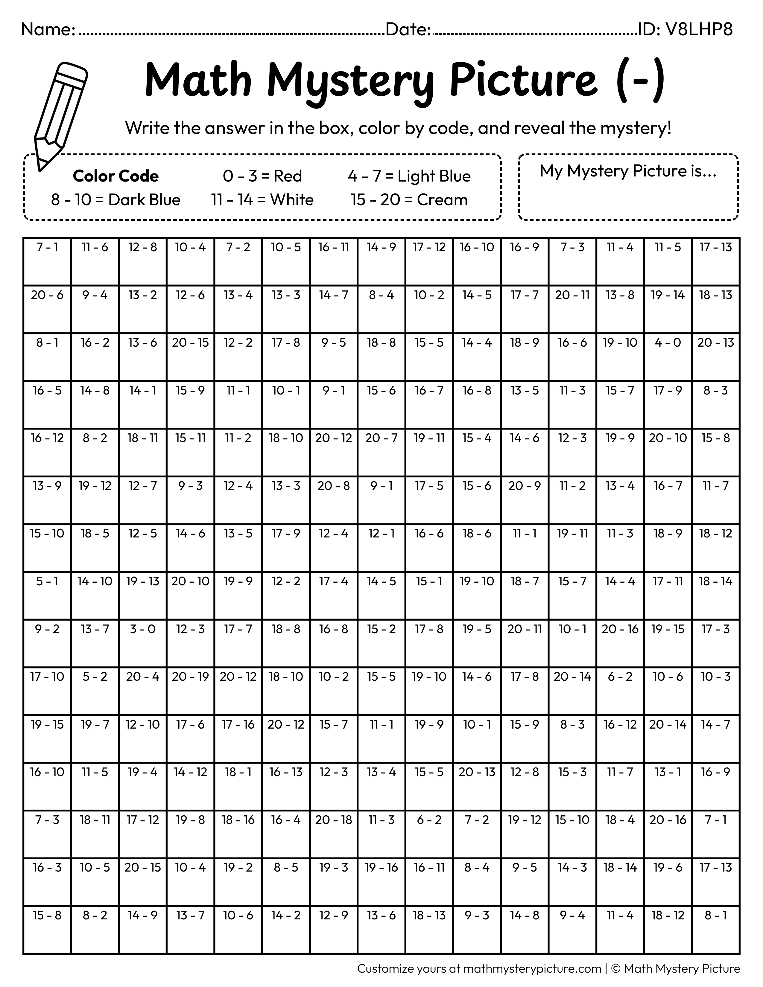 Winter Mitten Subtraction Within 20 Math Mystery Picture Coloring Worksheet