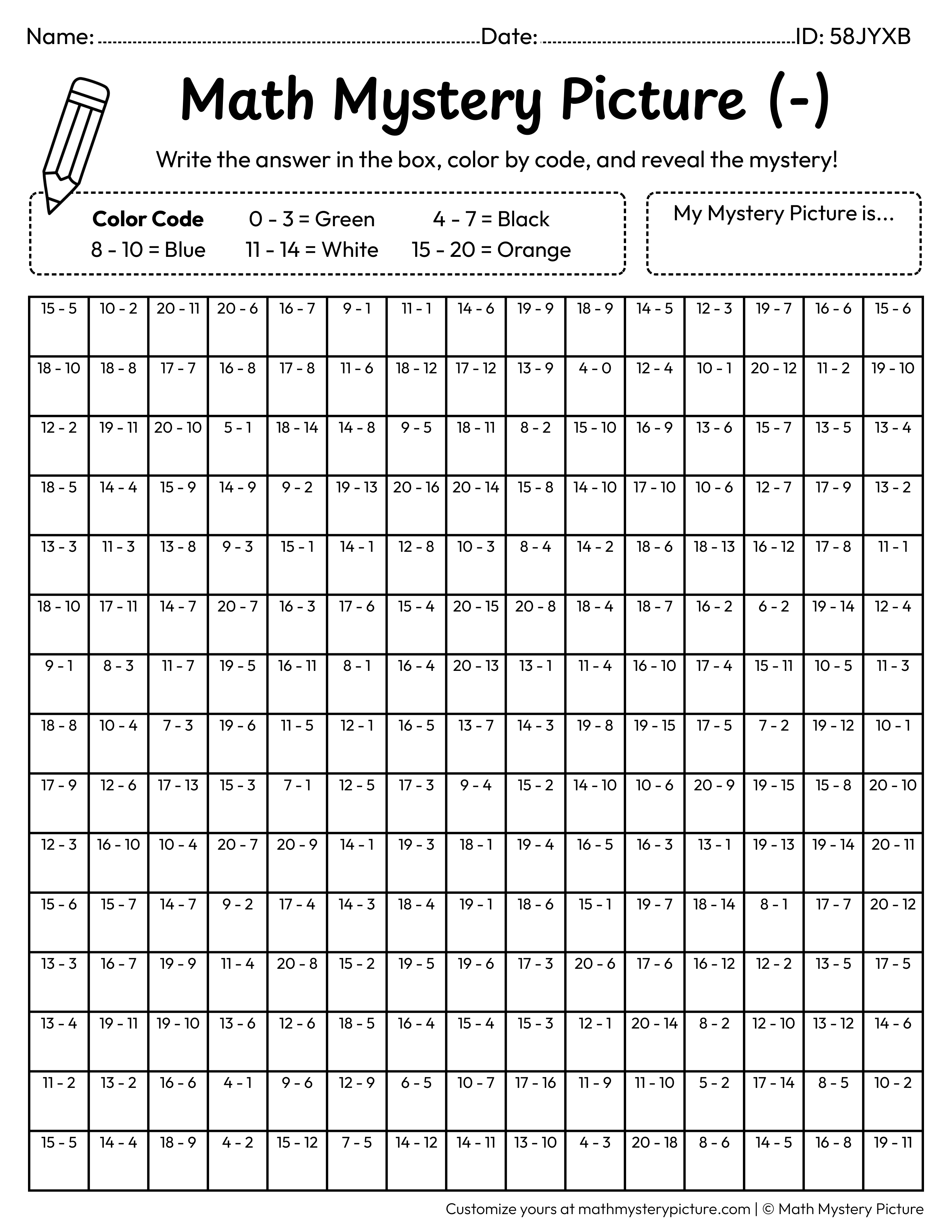 Winter Penguin Subtraction Within 20 Math Mystery Picture Coloring Worksheet