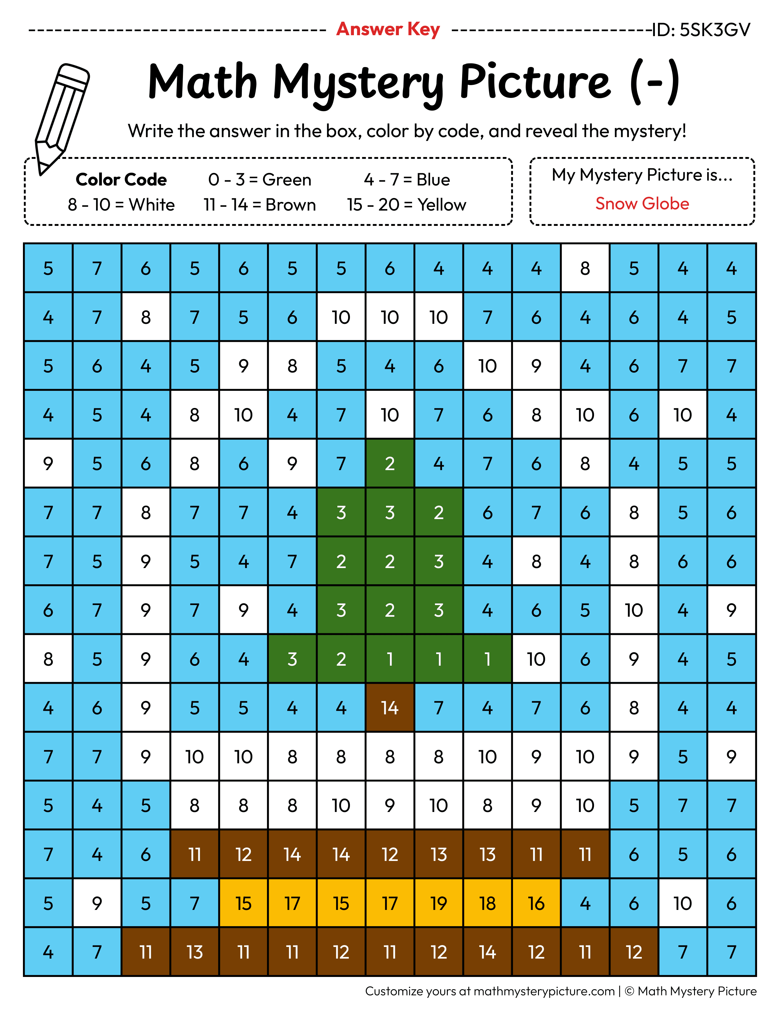 Winter Snow Globe Subtraction Within 20 Math Mystery Picture Color by Number Answer Key