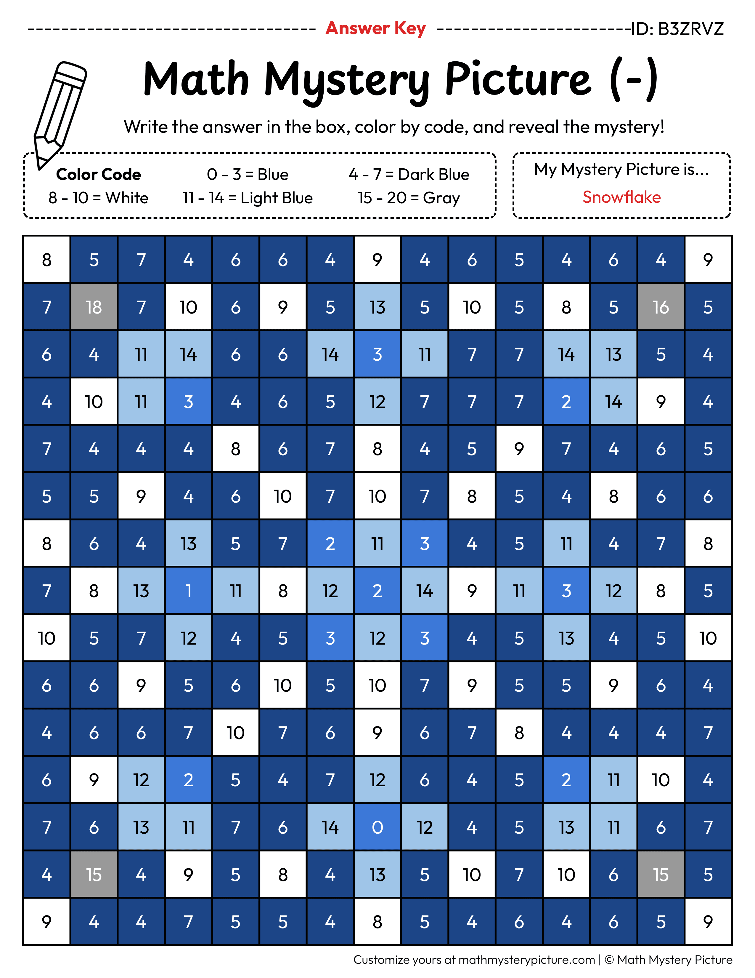 Winter Snowflake Subtraction Within 20 Math Mystery Picture Color by Number Answer Key