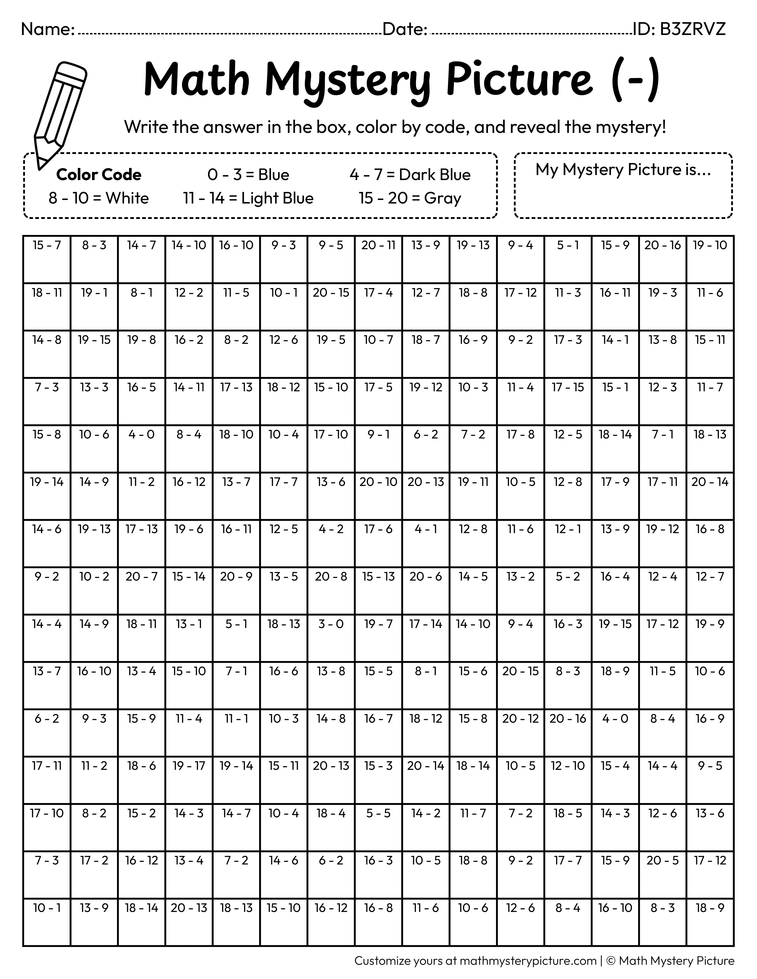 Winter Snowflake Subtraction Within 20 Math Mystery Picture Coloring Worksheet