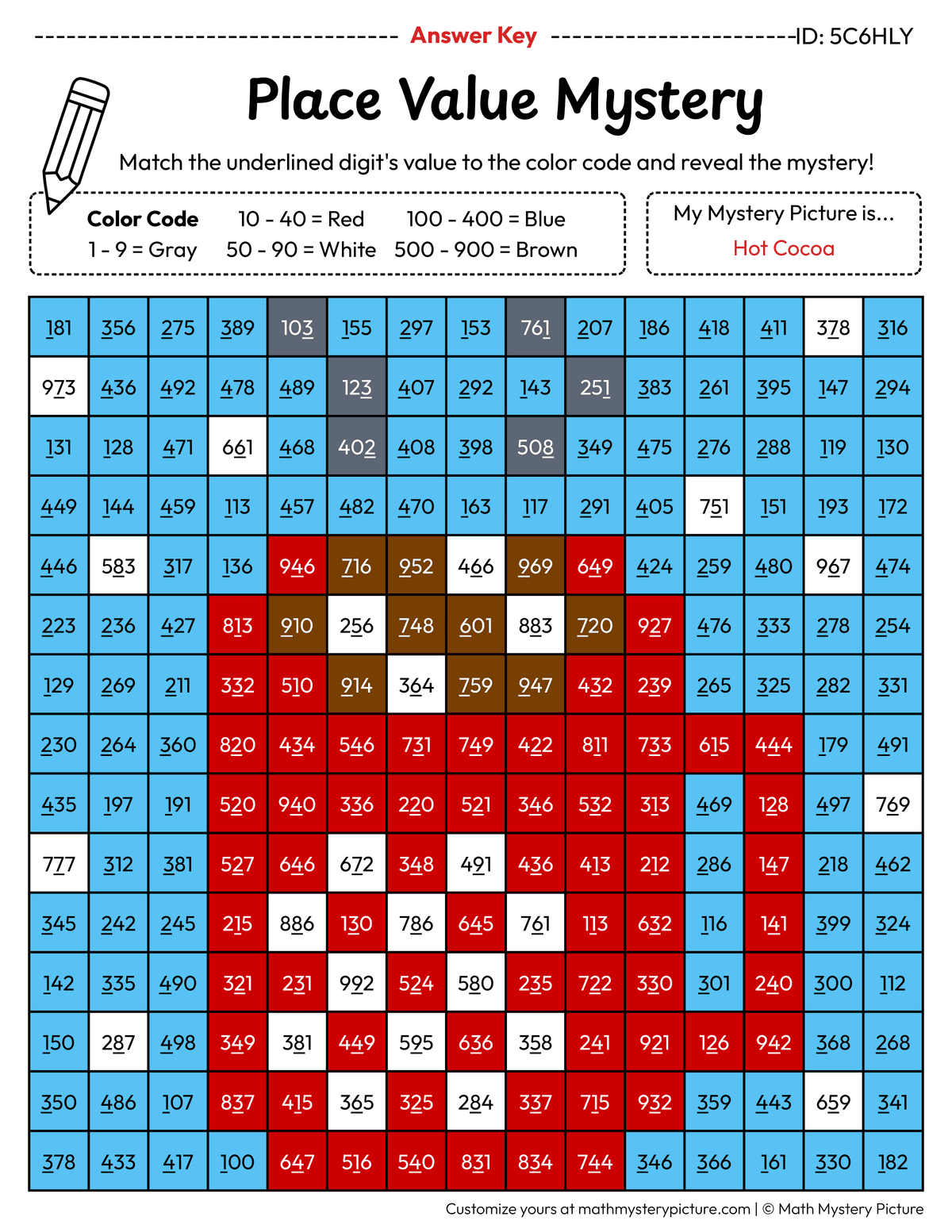 Winter Hot Cocoa Value of Underlined Digit Math Mystery Picture Color by Number Answer Key