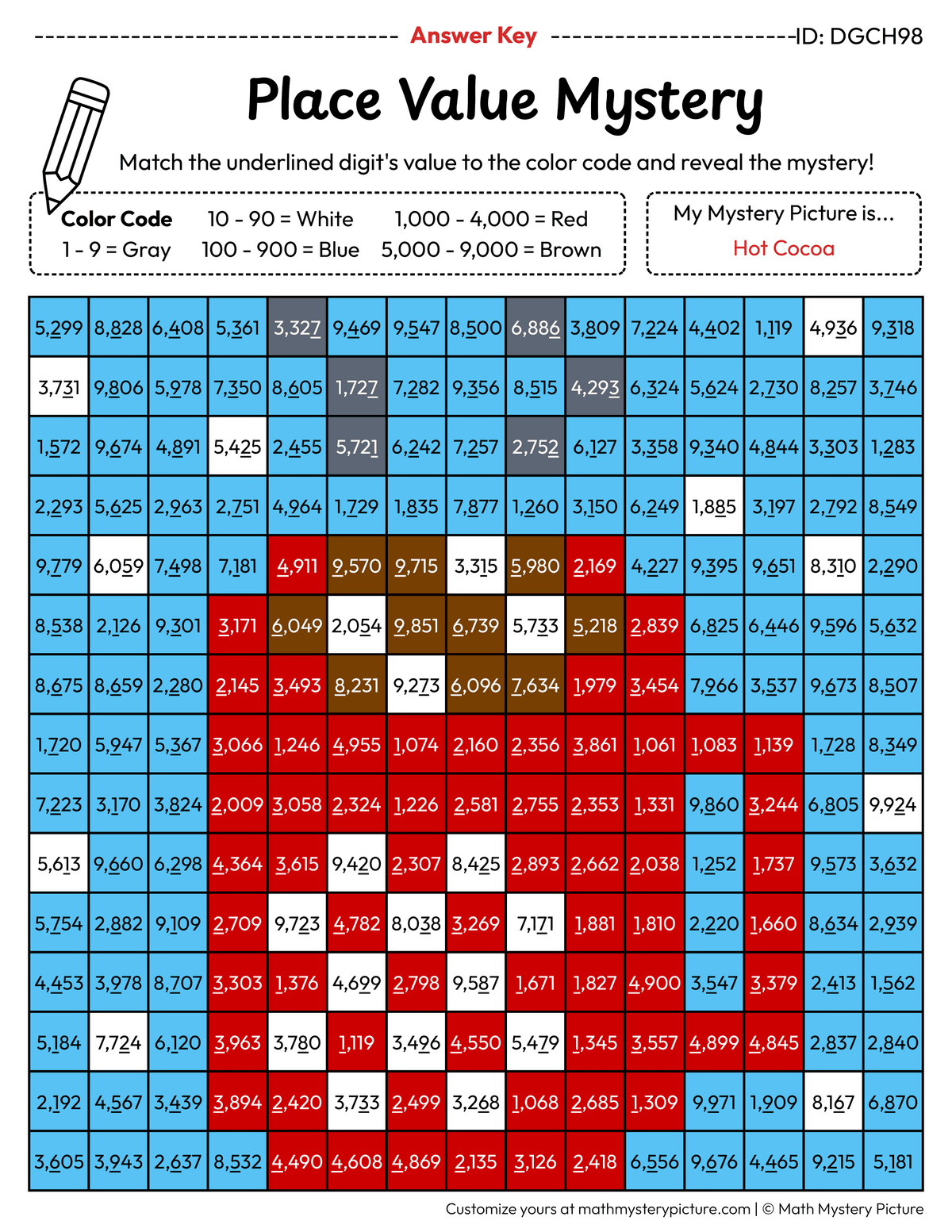 Winter Hot Cocoa Value of Underlined Digit Math Mystery Picture Color by Number Answer Key