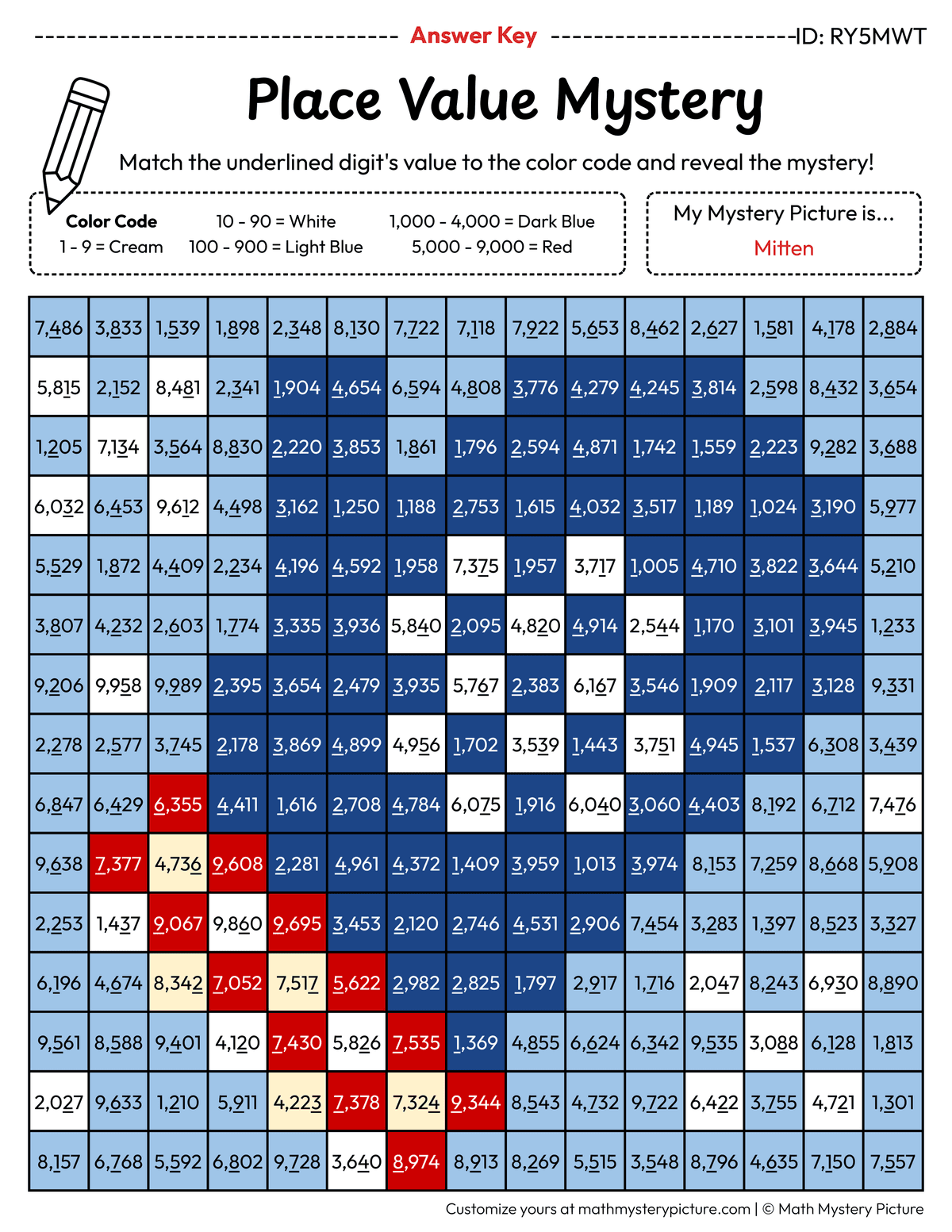 Winter Mitten Value of Underlined Digit Math Mystery Picture Color by Number Answer Key