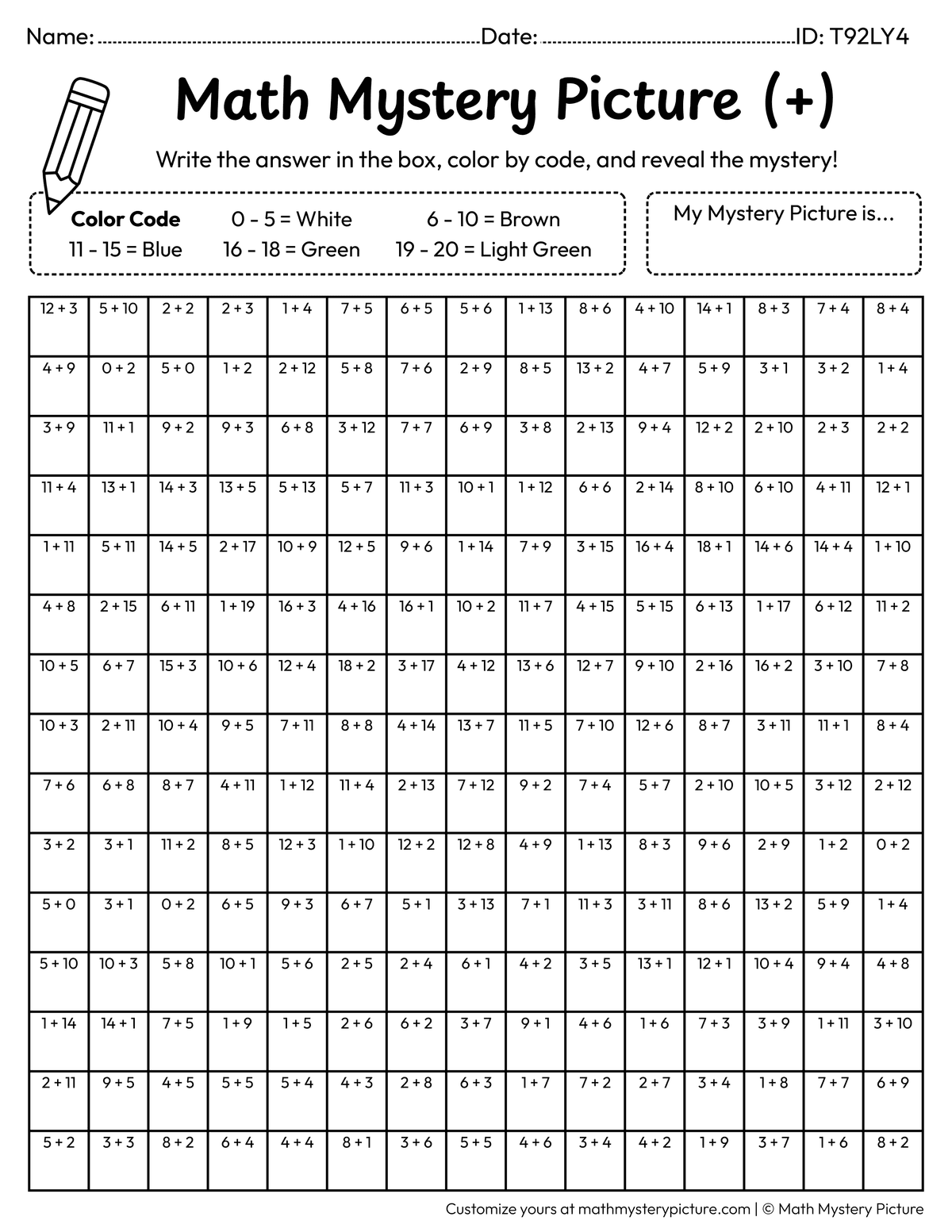 Math Worksheets Counting Days Problem Printable Sprout Addition Within 20 Color by Number — Math Mystery Picture
