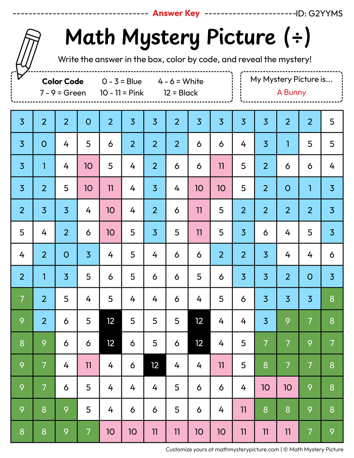 Picter Math Printable Bunny Division Facts Color by Number Worksheet — Math Mystery ...