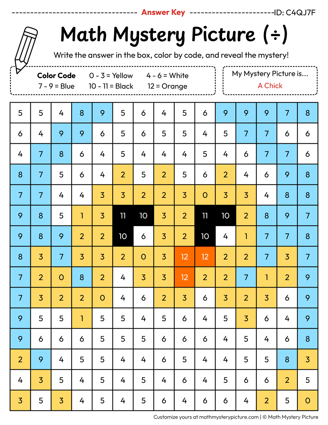 Picter Math Printable Chick Division Facts Color by Number Worksheet — Math Mystery ...