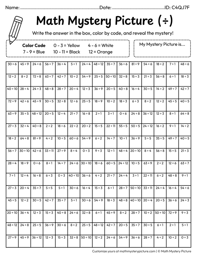Division Homework Sheets Printable Chick Division Facts Color by Number Worksheet — Math Mystery ...